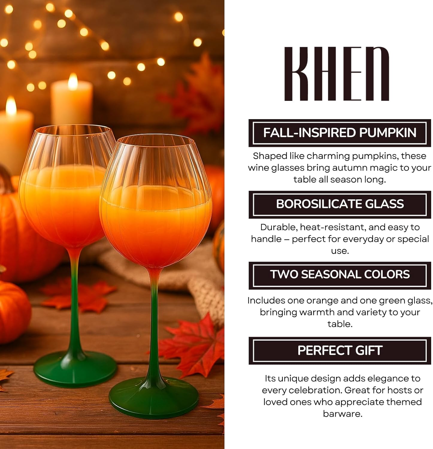 Khen Pumpkin Wine Glasses Fall Inspired Lightweight Borosilicate Decorative Drinkware Stemware - Set of 2 Orange & Green - Boske.store