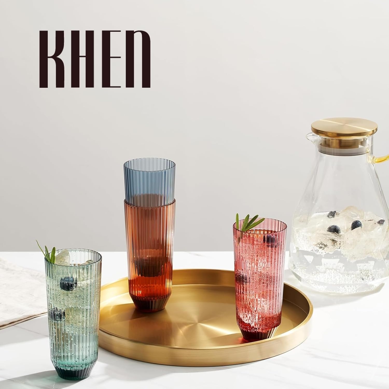 Khen Shatterproof Acrylic Ribbed Drinking Glasses Set, European Style, Dishwasher Safe, Tall | Set of 4 | Muted Tritan Drinkware, Unbreakable BPA - free Plastic, Reusable Stackable Glassware - 12OZ - Boske.store