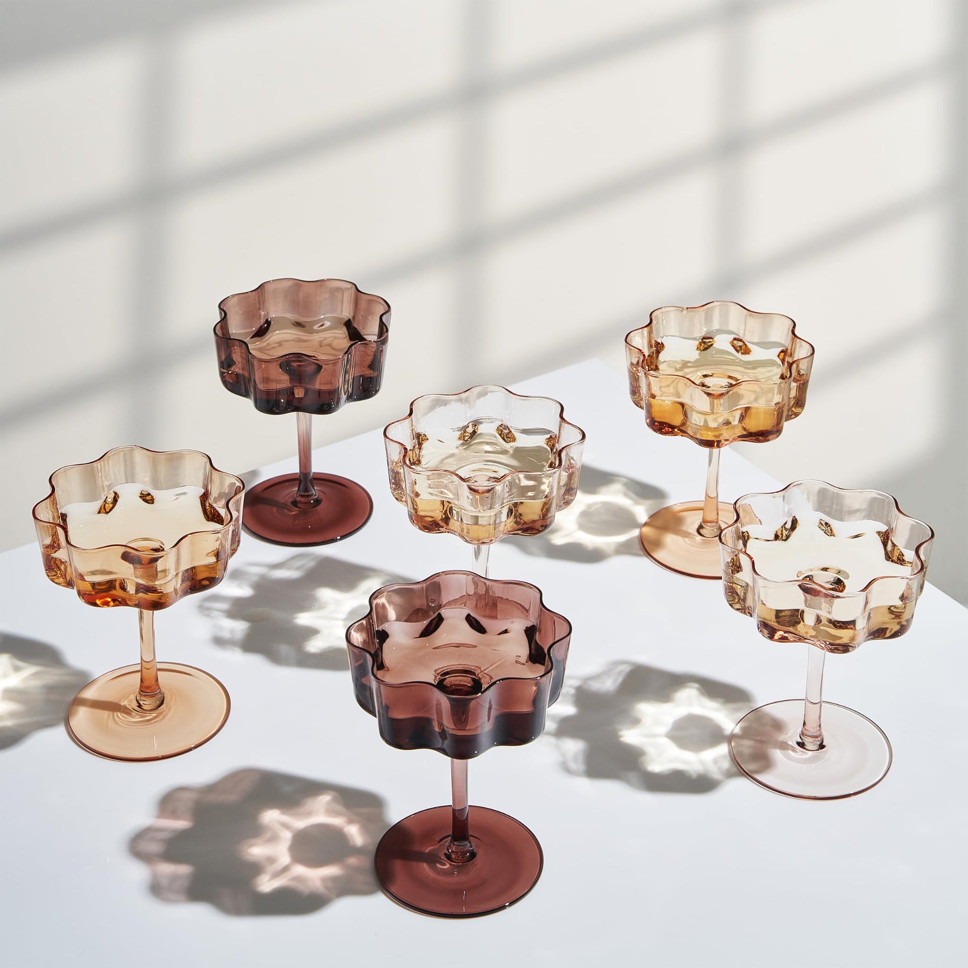 Flower Wave Coupe Cocktail Colored Glasses | Set of 6 | Venus Brown Colors - Boske.store