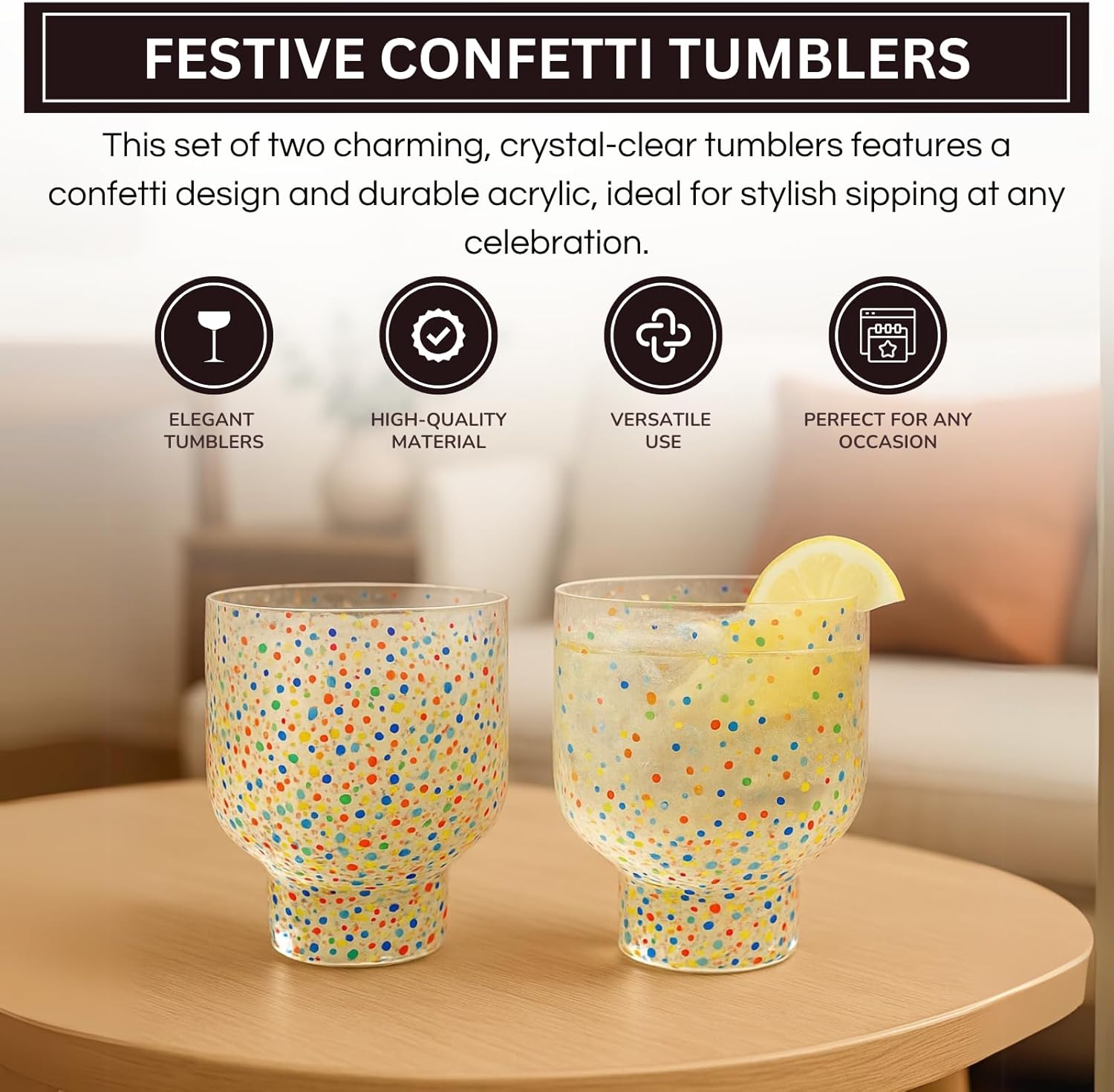 Khen Confetti Stemless Tumblers Set Colorful Drinkware Barware Clear Festive Cups - 12oz Clear - Boske.store