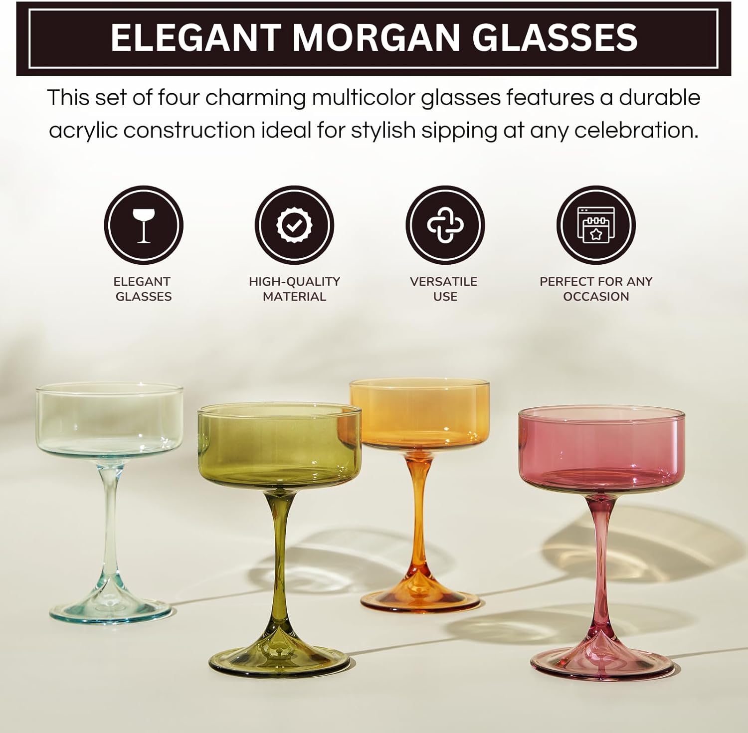 Khen Champagne Coupes Morgan Set Vibrant Stemware Drinkware for Parties - Set of 4 Multicolor - Boske.store