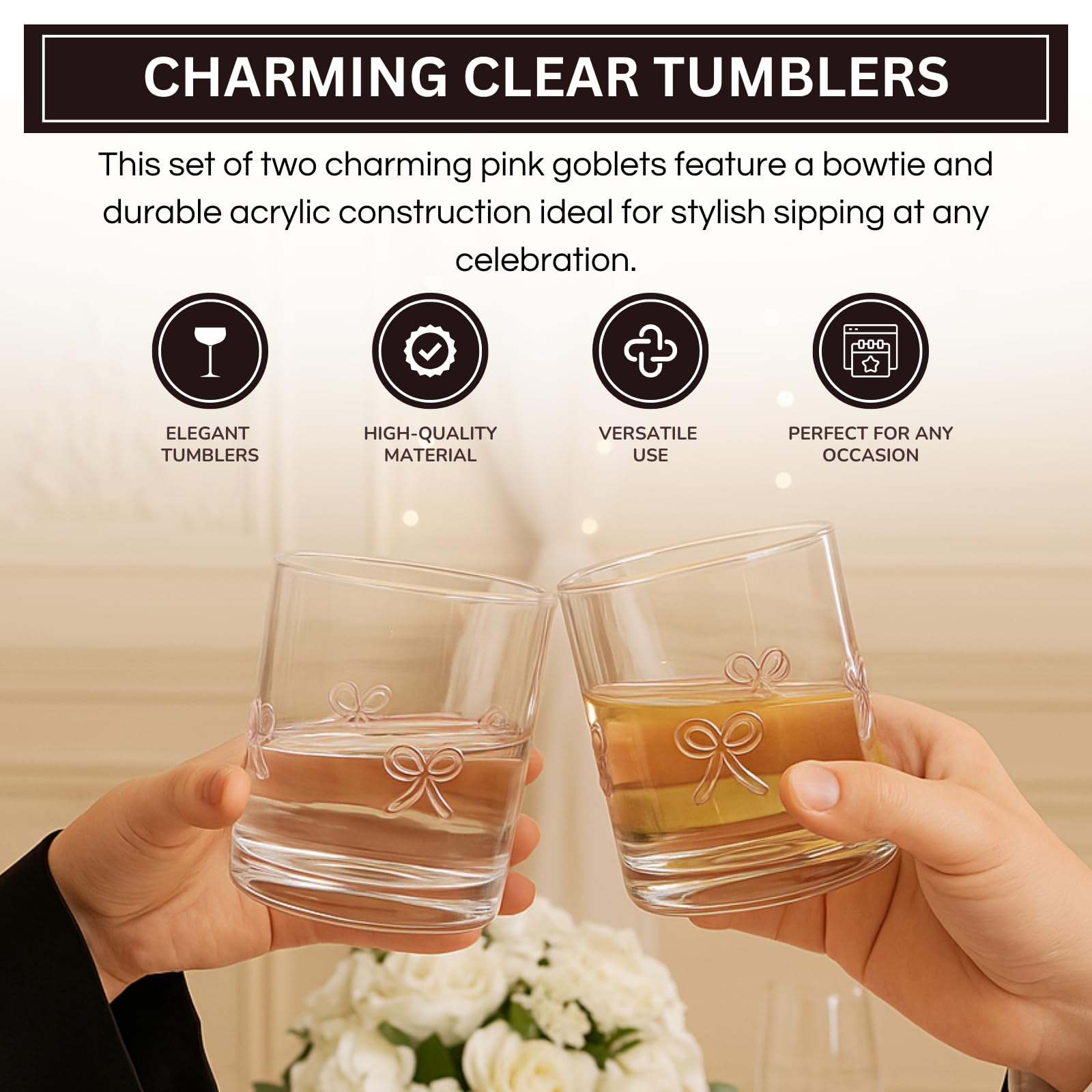 Khen Bowtie Tumblers Set Stylish Break Resistant Acrylic Drinkware for Cocktail Wedding Gift Use - Set of 2 Pink - Boske.store