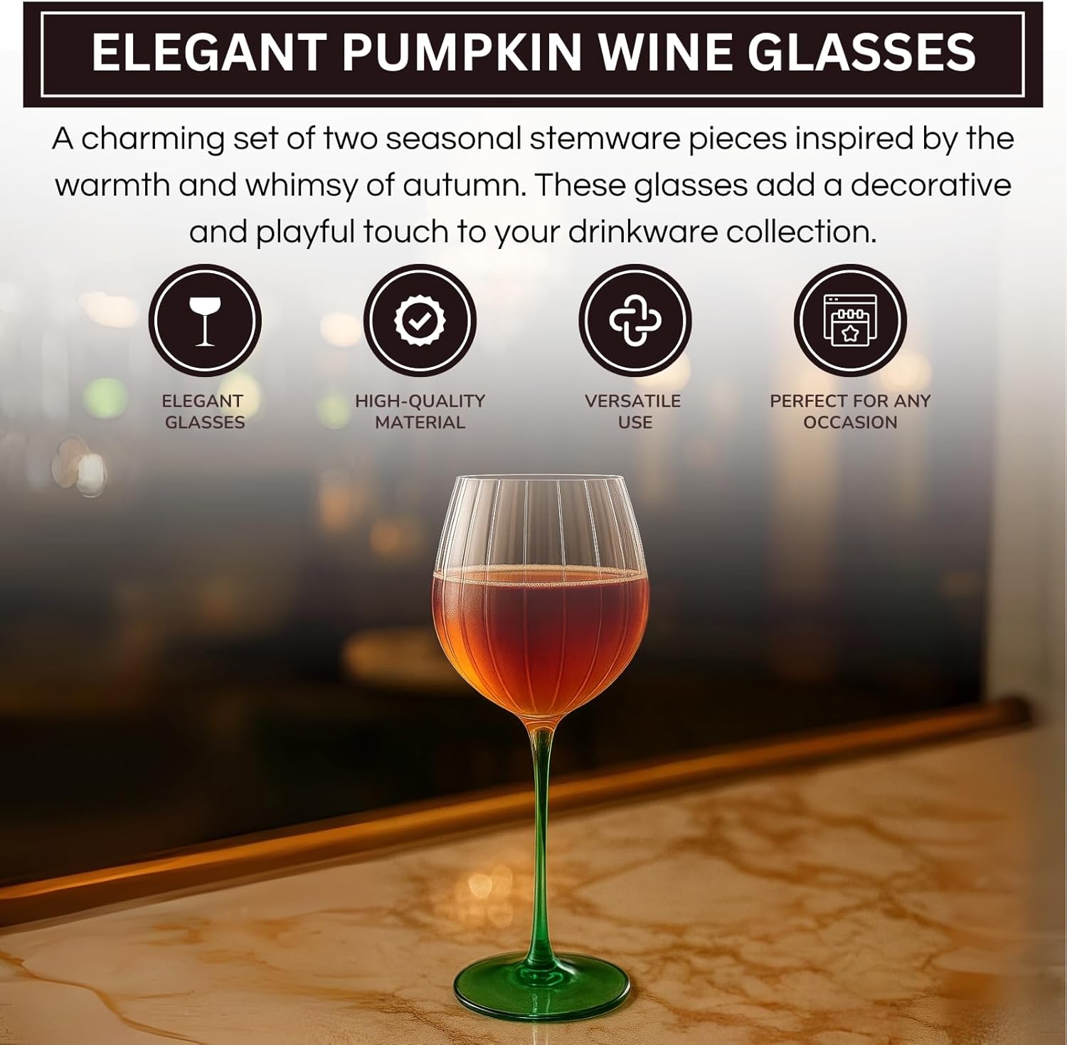 Khen Pumpkin Wine Glasses Fall Inspired Lightweight Borosilicate Decorative Drinkware Stemware - Set of 2 Orange & Green - Boske.store