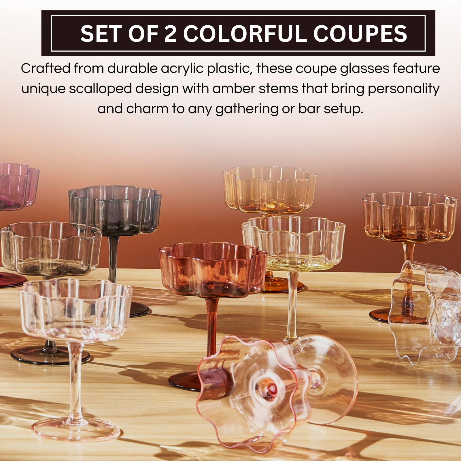 Flower Wave Coupe Cocktail Colored Glasses | Set of 2 | Amber - Boske.store