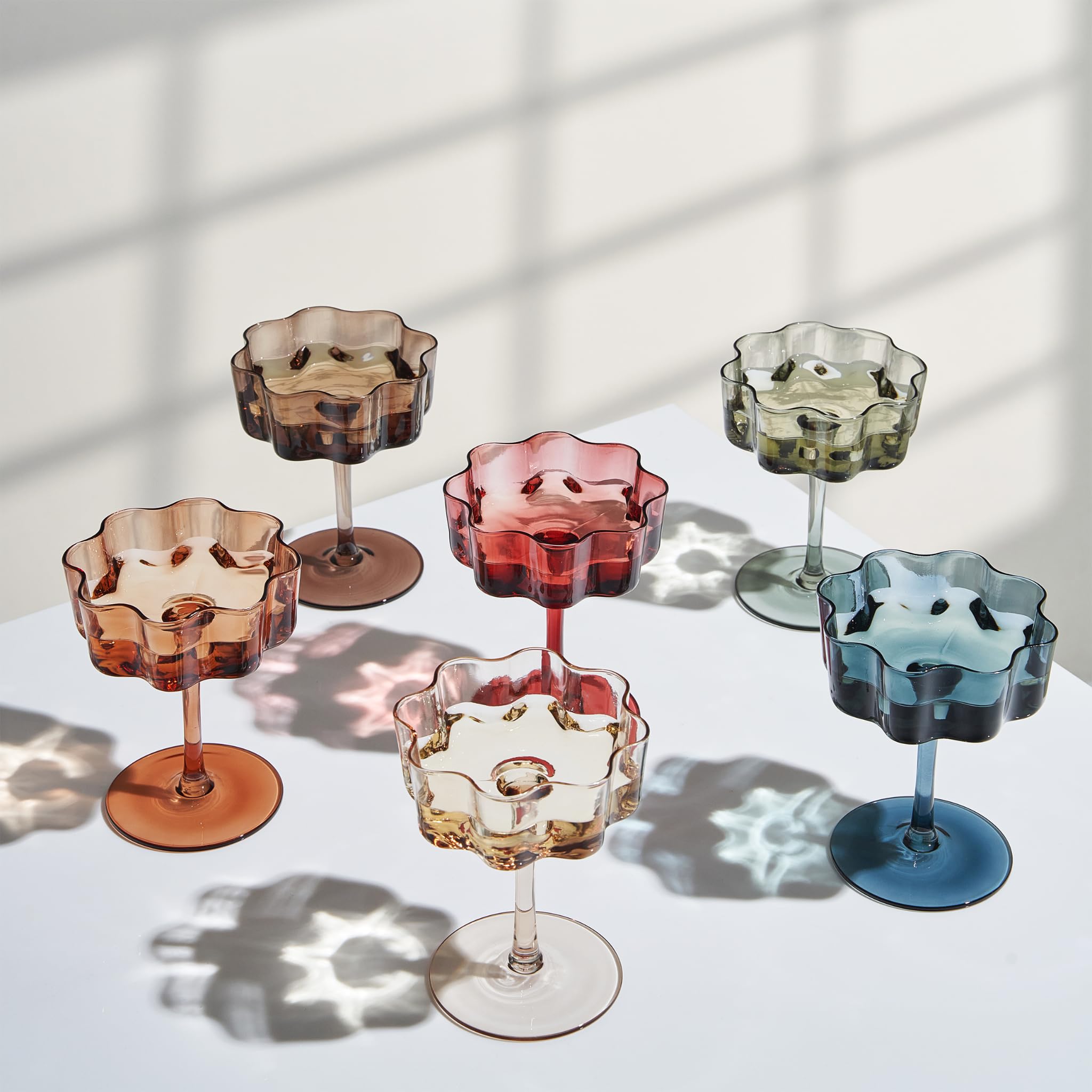 Flower Wave Coupe Cocktail Colored Glasses | Set of 6 | Muted Colors - Boske.store