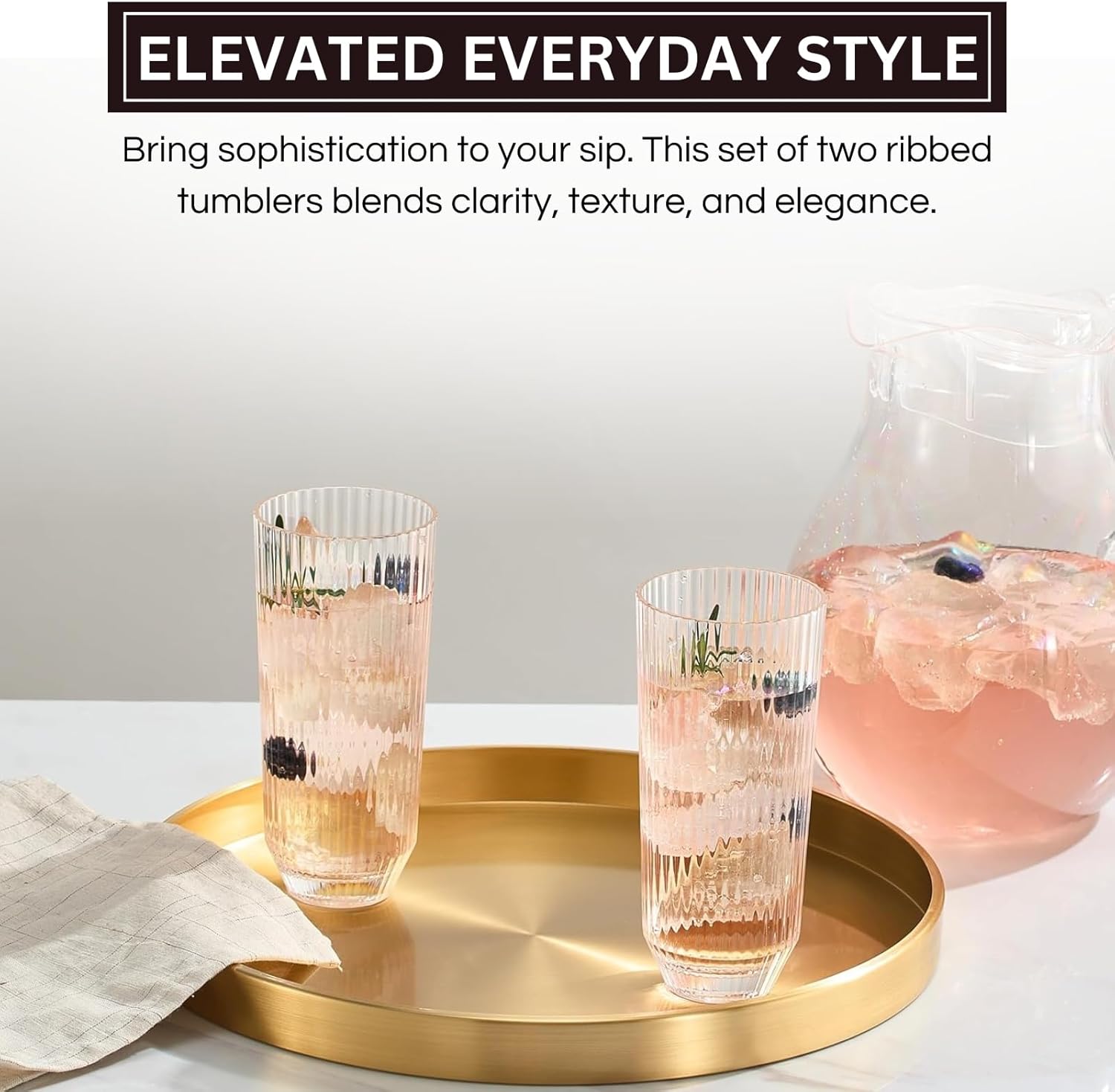 Khen Shatterproof Acrylic Ribbed Drinking Glasses Set, European Style, Dishwasher Safe, Tall | Set of 2 | Clear Tritan Drinkware, Unbreakable BPA - free Plastic, Reusable Stackable Glassware - 12OZ - Boske.store