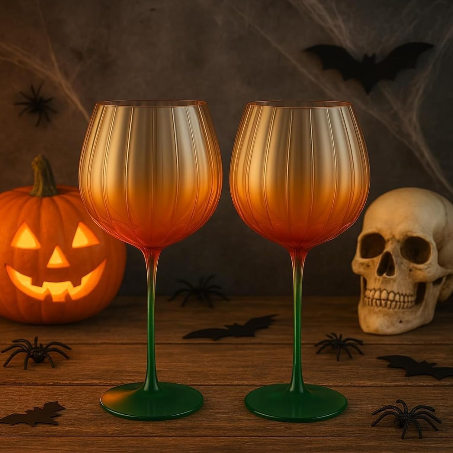 Khen Pumpkin Wine Glasses Fall Inspired Lightweight Borosilicate Decorative Drinkware Stemware - Set of 2 Orange & Green - Boske.store