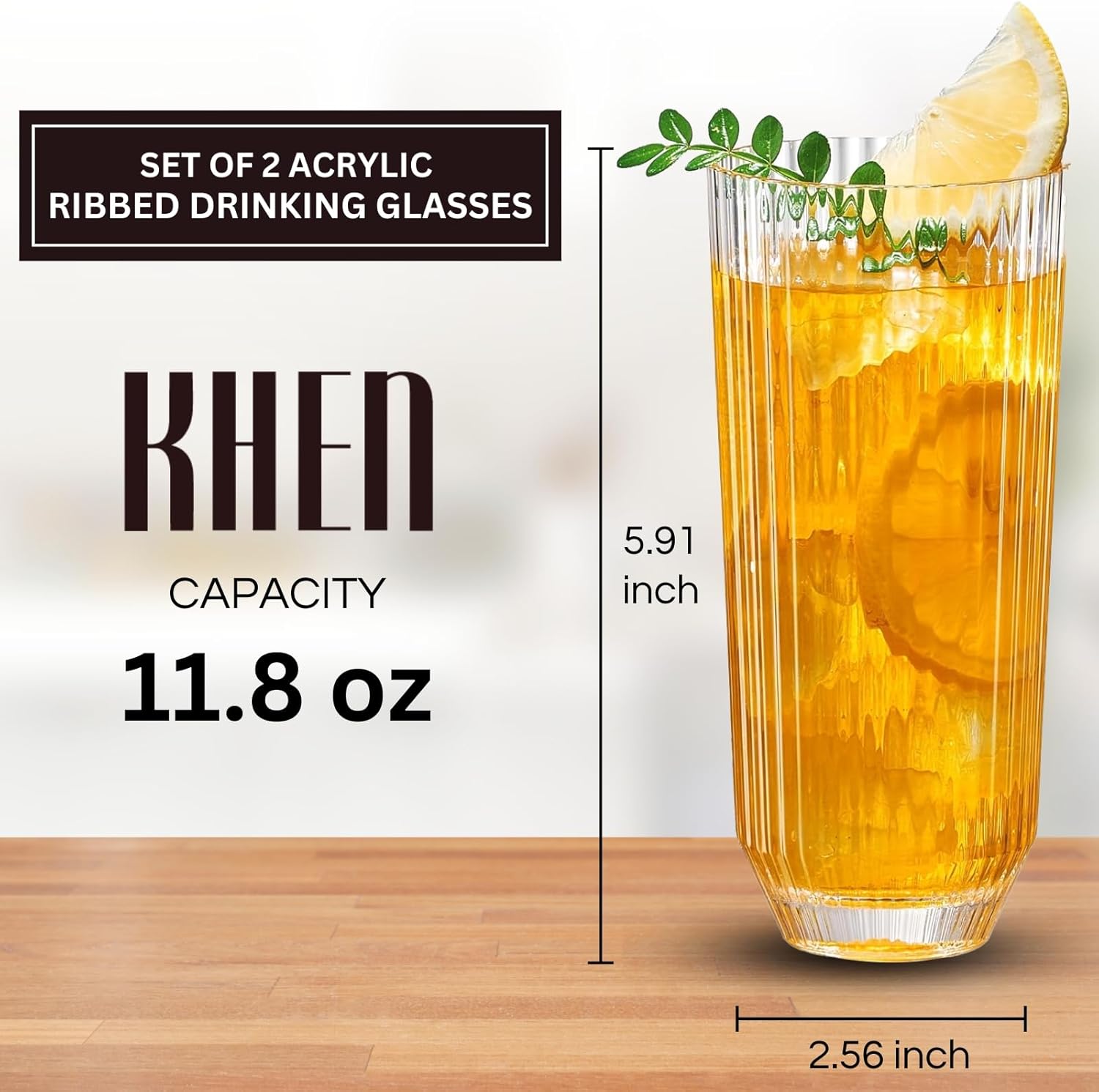 Khen Shatterproof Acrylic Ribbed Drinking Glasses Set, European Style, Dishwasher Safe, Tall | Set of 2 | Clear Tritan Drinkware, Unbreakable BPA - free Plastic, Reusable Stackable Glassware - 12OZ - Boske.store