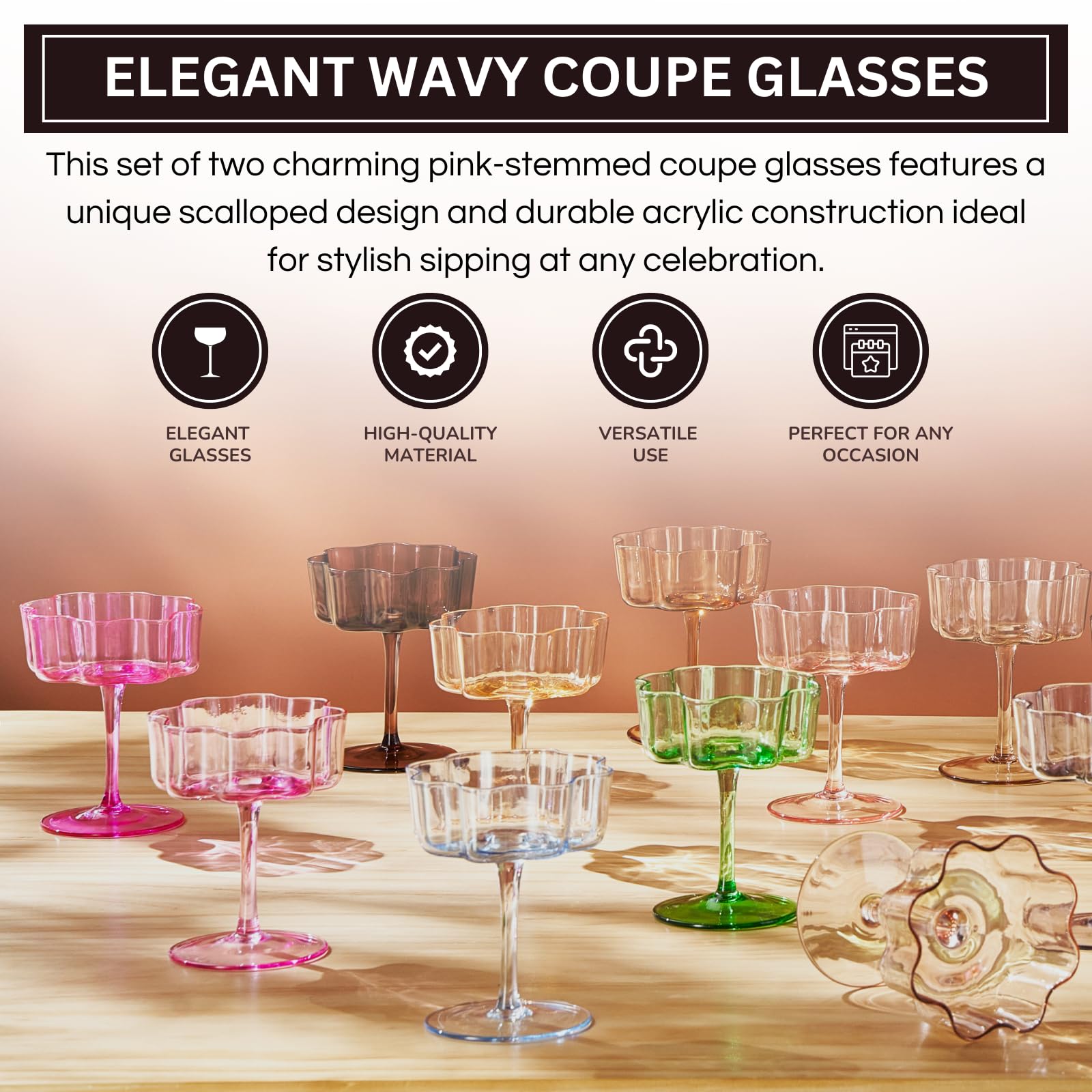 Flower Wave Coupe Cocktail Colored Glasses | Set of 4 | Blush Pink - Boske.store