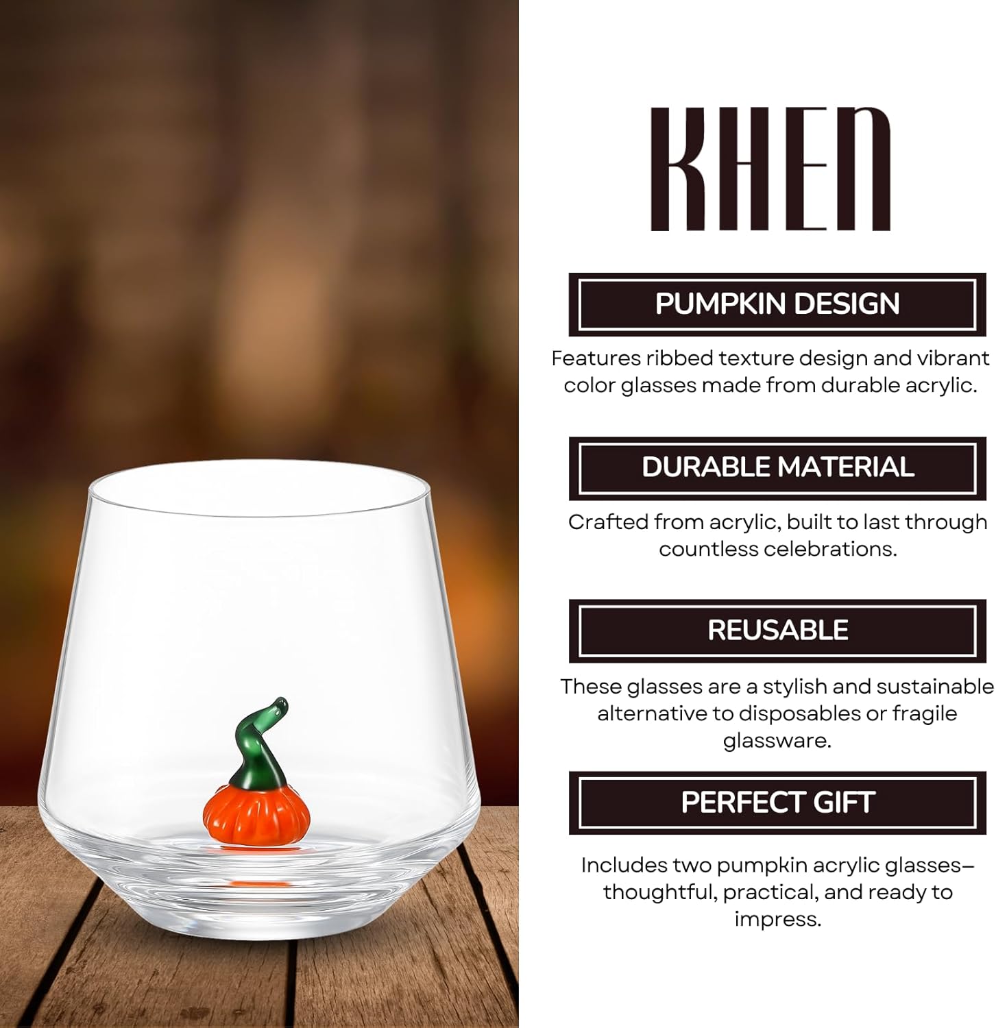 Khen Pumpkin Glass Set Fall Drinkware Decorative Break Resistant Tumbler Cups Barware Holiday Gift - 12oz Clear - Boske.store