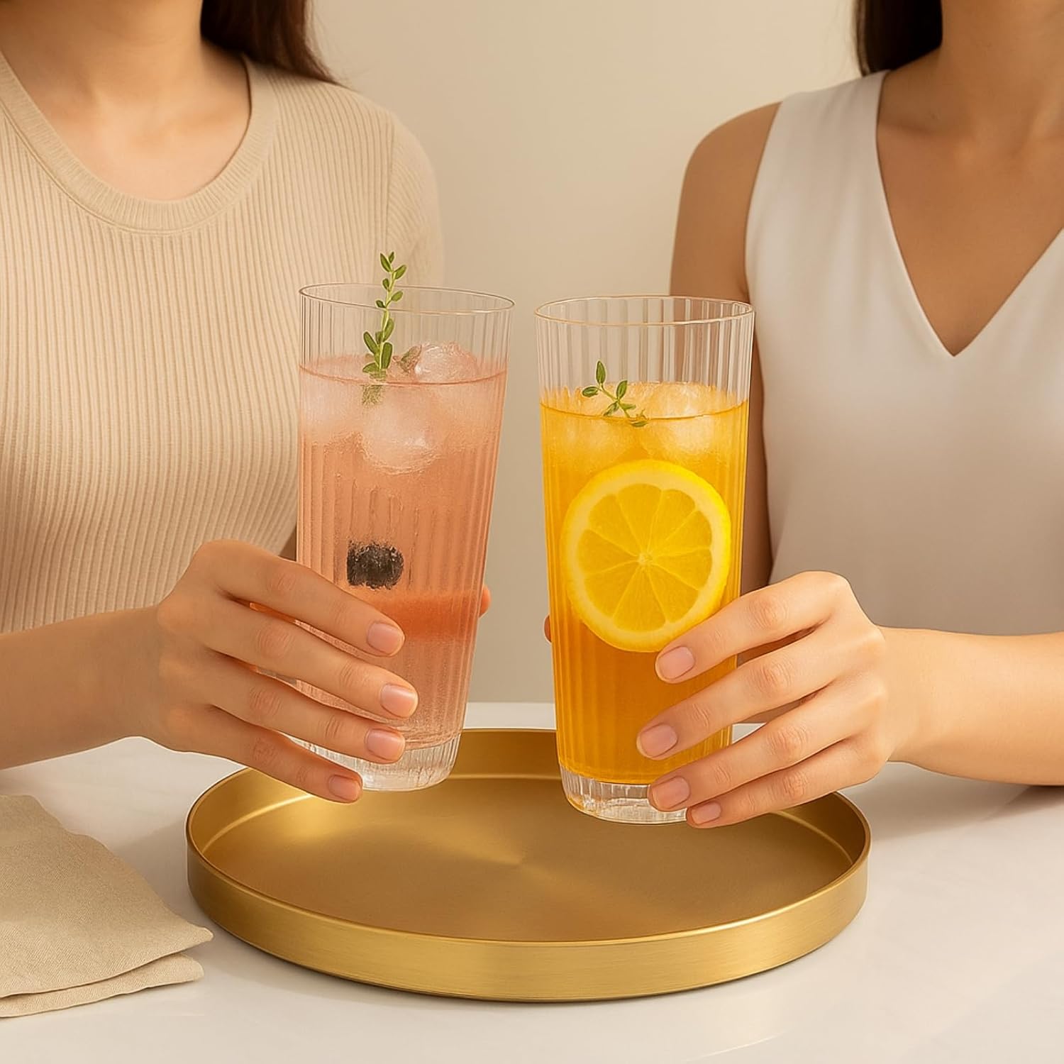 Khen Shatterproof Acrylic Ribbed Drinking Glasses Set, European Style, Dishwasher Safe, Tall | Set of 2 | Clear Tritan Drinkware, Unbreakable BPA - free Plastic, Reusable Stackable Glassware - 12OZ - Boske.store