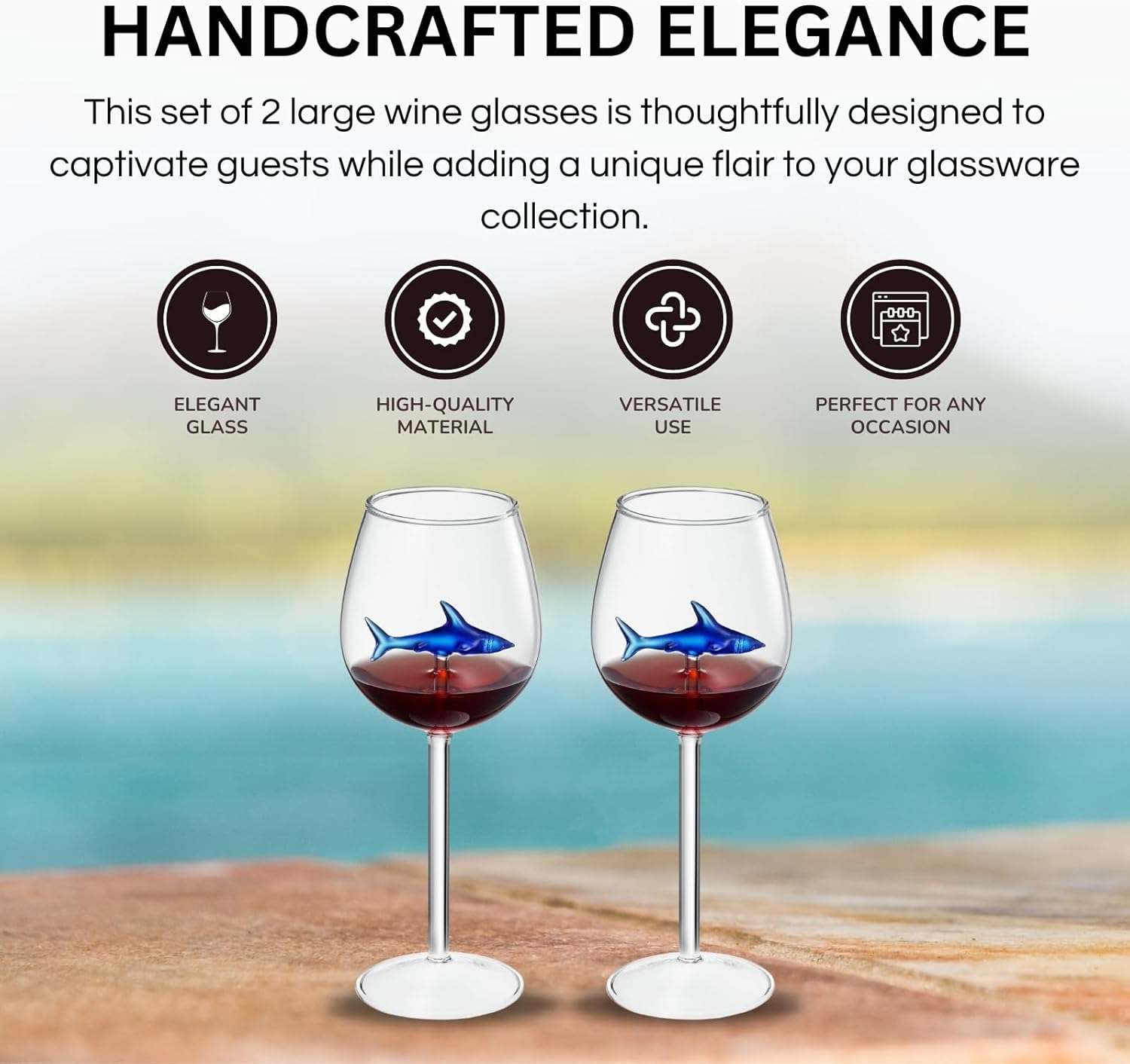Shark - Inspired Wine Glasses Set of 2 – 13oz Stemmed Red & White Wine Glass with 3D Shark Inside – Unique Glassware Gift for Men, Dad, or Host - Boske.store