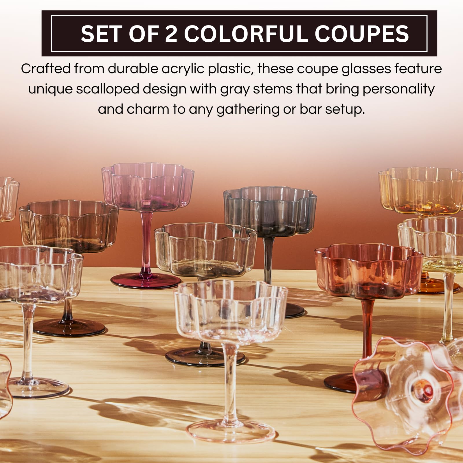 Flower Wave Coupe Cocktail Colored Glasses | Set of 2 | Grey - Boske.store