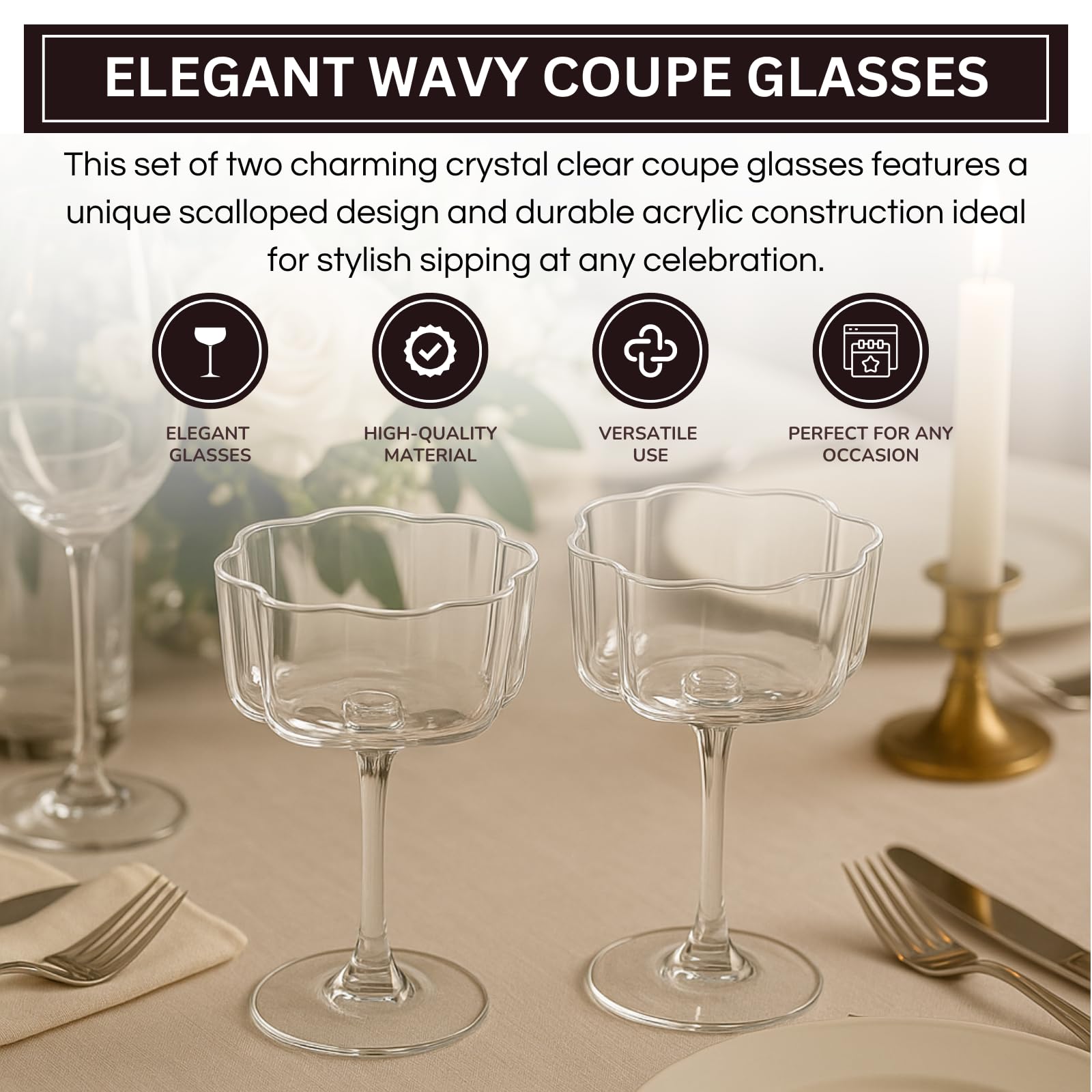 Flower Wave Coupe Cocktail Colored Glass | Set of 2 | Clear - Boske.store