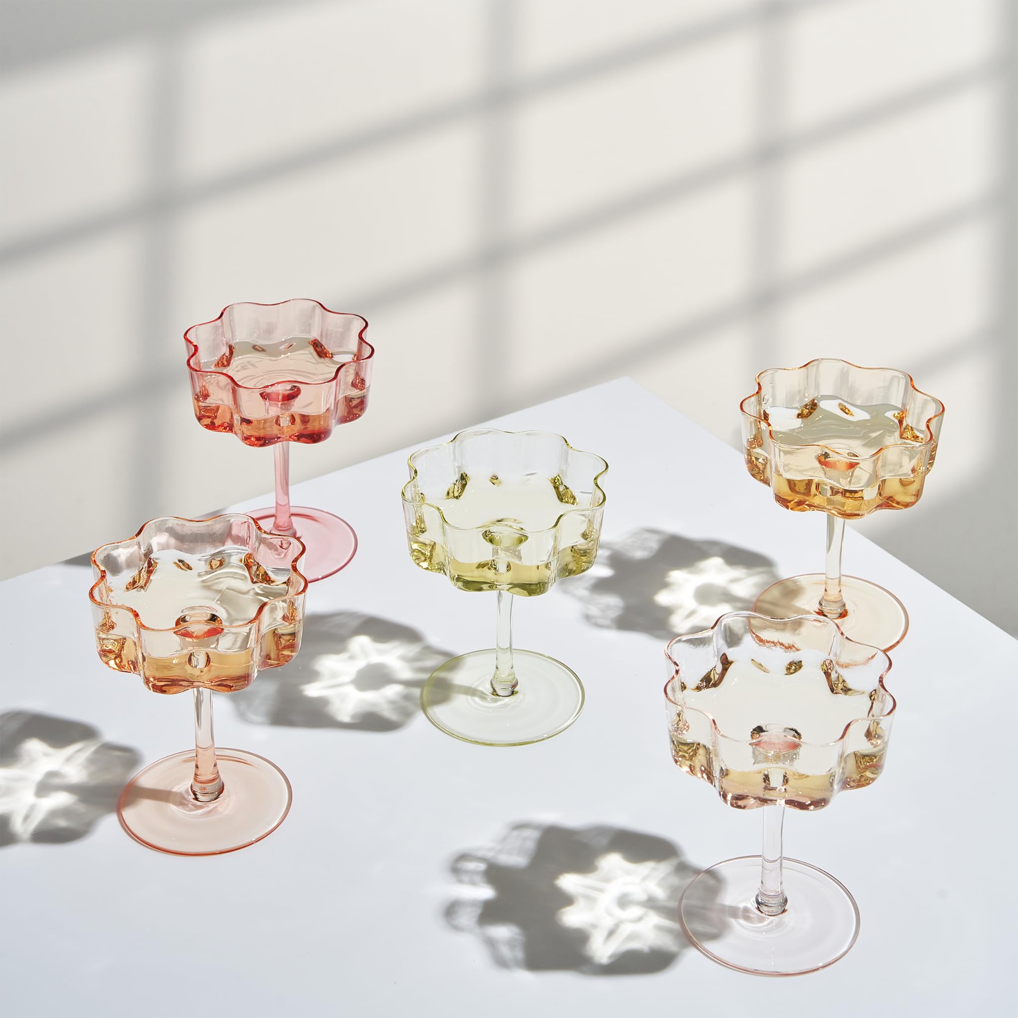 Flower Wave Coupe Cocktail Colored Glasses | Set of 5 | Fall/Holiday Colors - Boske.store