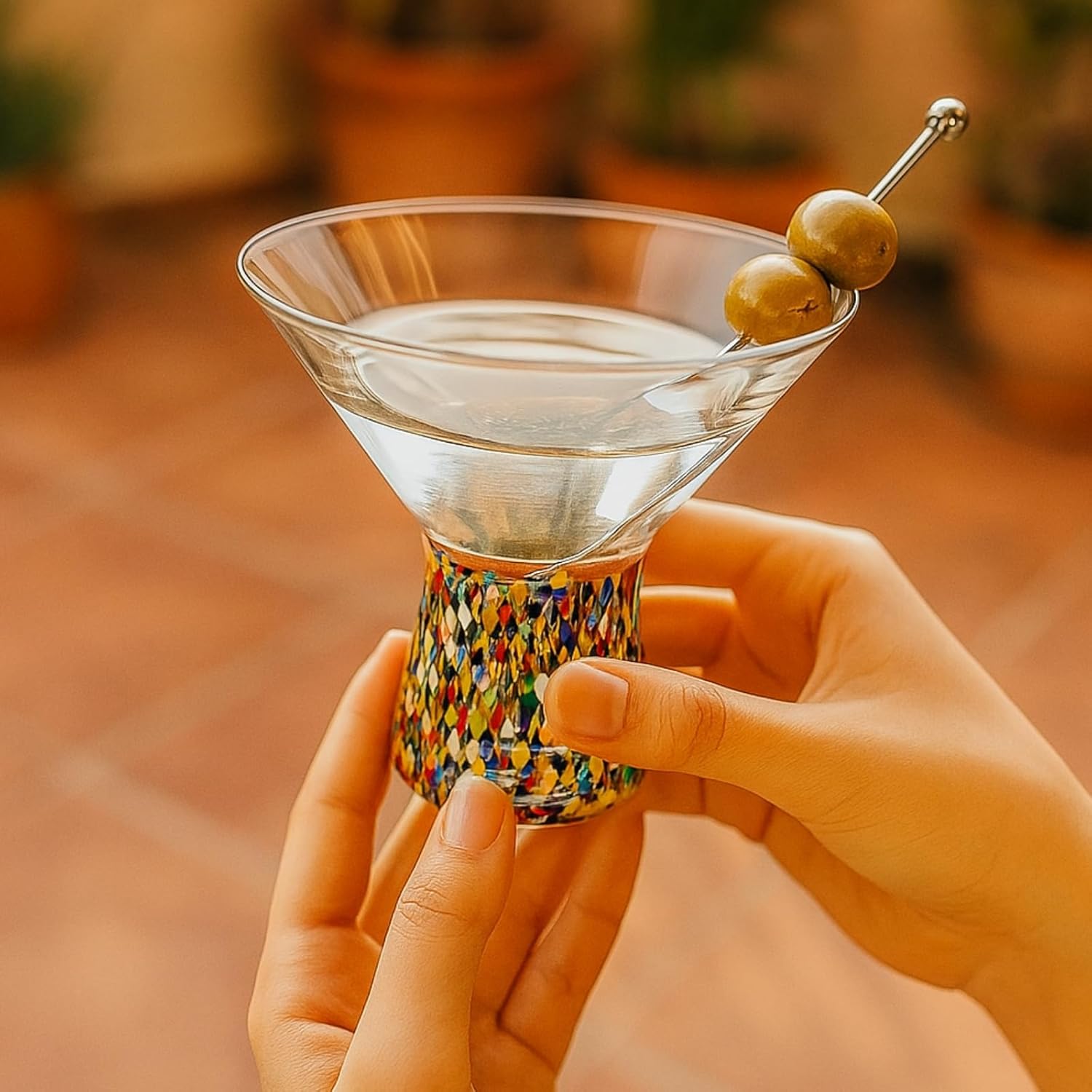 The Wine Savant Stemless Martini Glasses Hand Blown Mexican Confetti Design Colorful Glass Drinkware - Set of 2 Clear - Boske.store