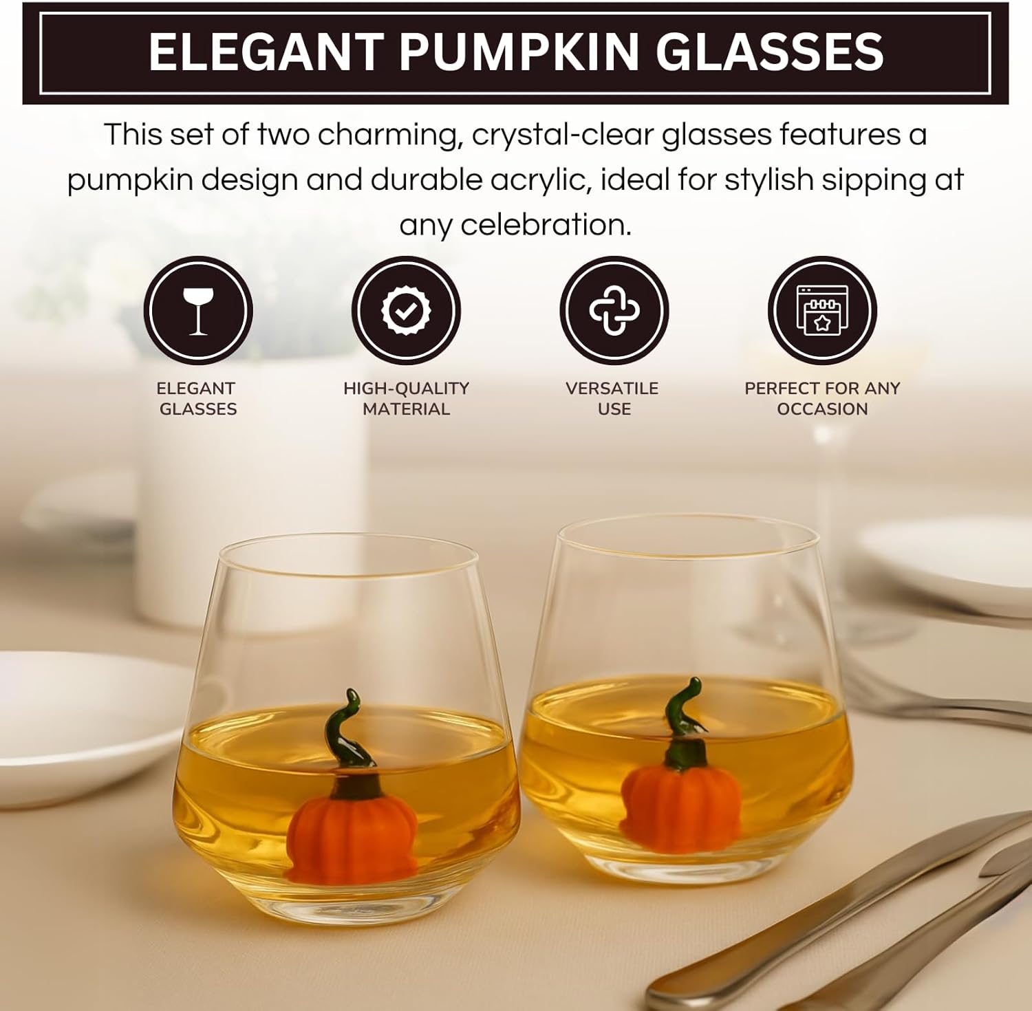 Khen Pumpkin Glass Set Fall Drinkware Decorative Break Resistant Tumbler Cups Barware Holiday Gift - 12oz Clear - Boske.store
