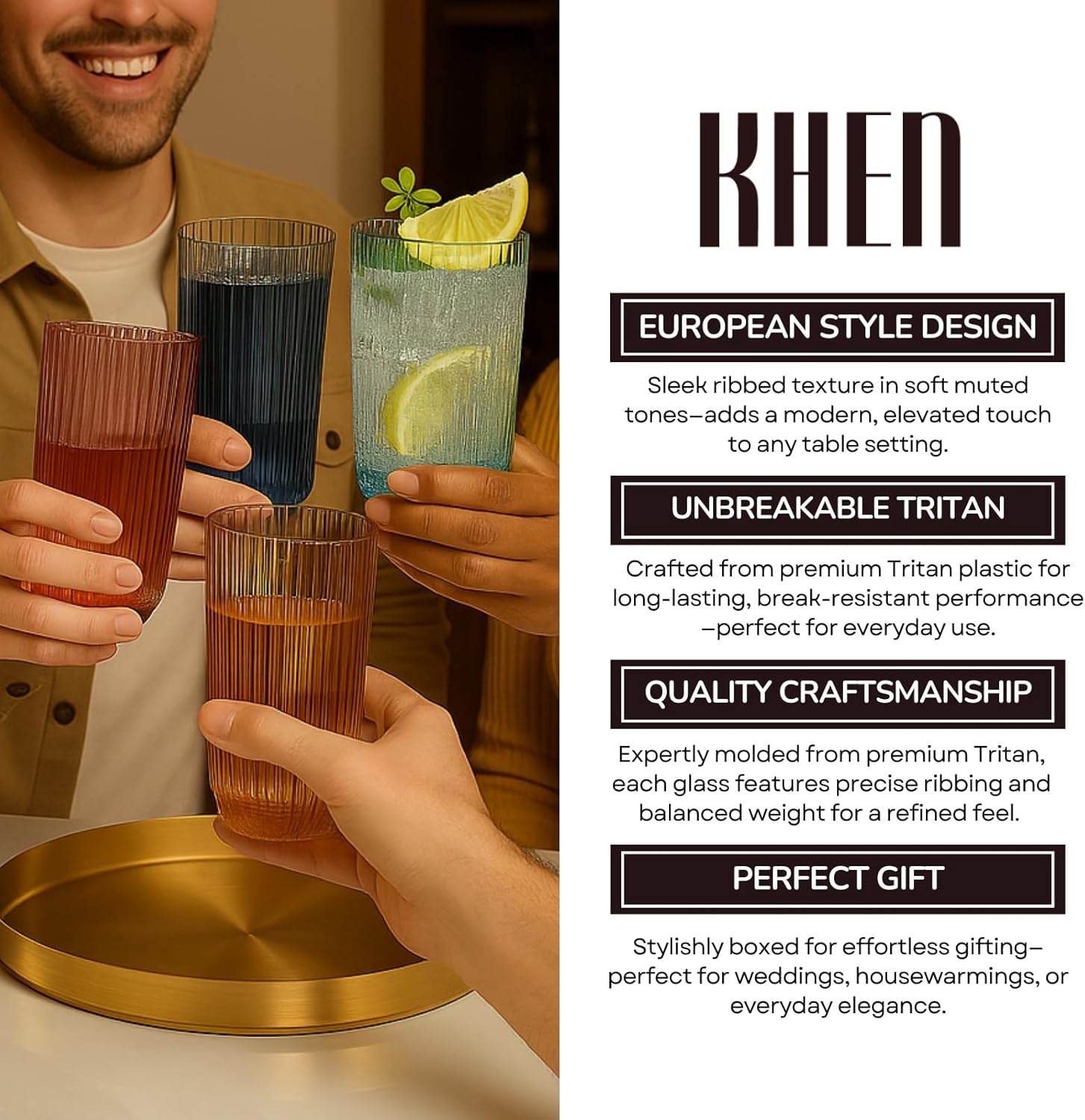 Khen Shatterproof Acrylic Ribbed Drinking Glasses Set, European Style, Dishwasher Safe, Tall | Set of 4 | Muted Tritan Drinkware, Unbreakable BPA - free Plastic, Reusable Stackable Glassware - 12OZ - Boske.store