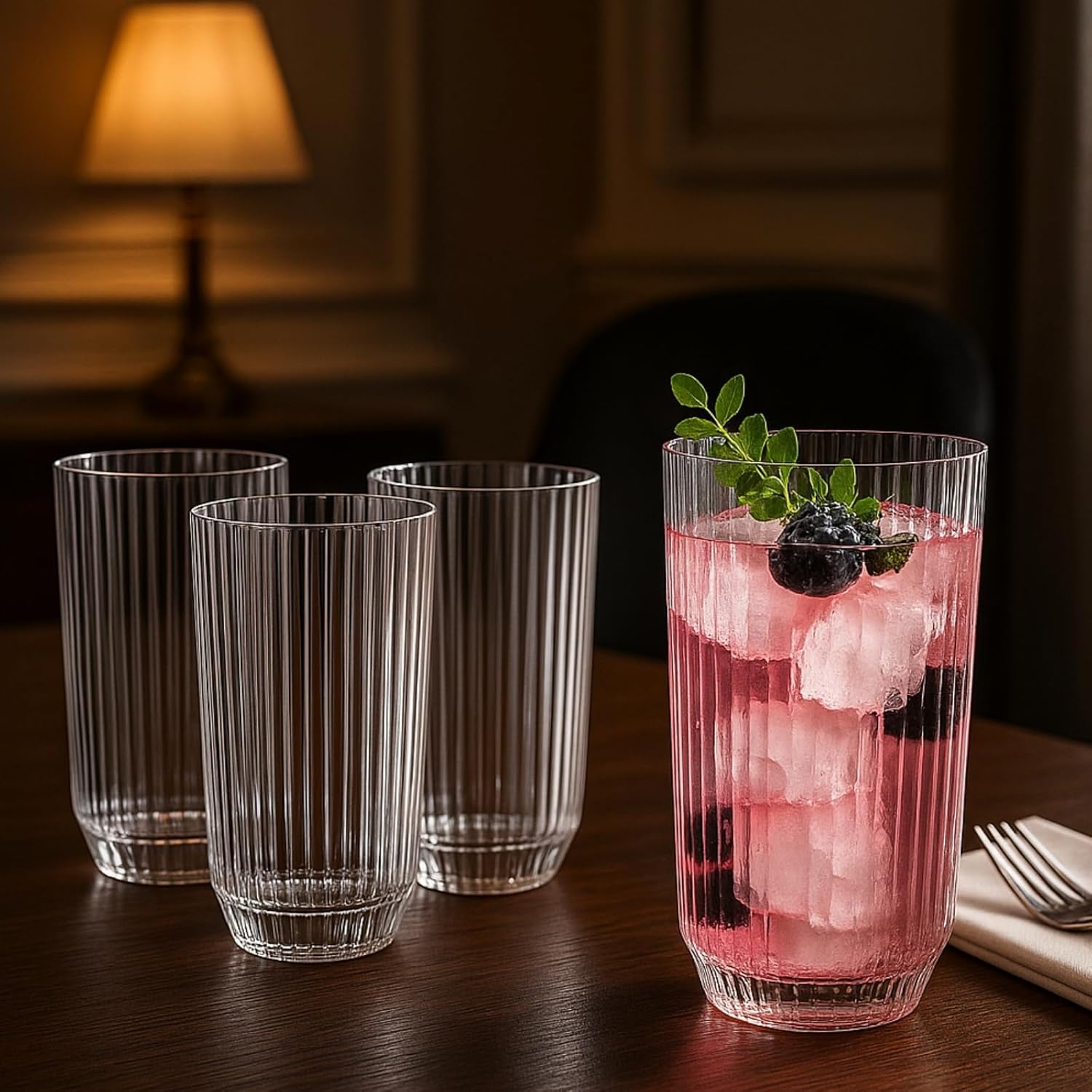 Khen Shatterproof Ribbed Drinking Glasses – Set of 4 Clear 12oz Tritan Tumblers, European Style Acrylic Drinkware – Durable, BPA - Free, Dishwasher Safe, Stackable & Unbreakable Plastic Cups - Boske.store