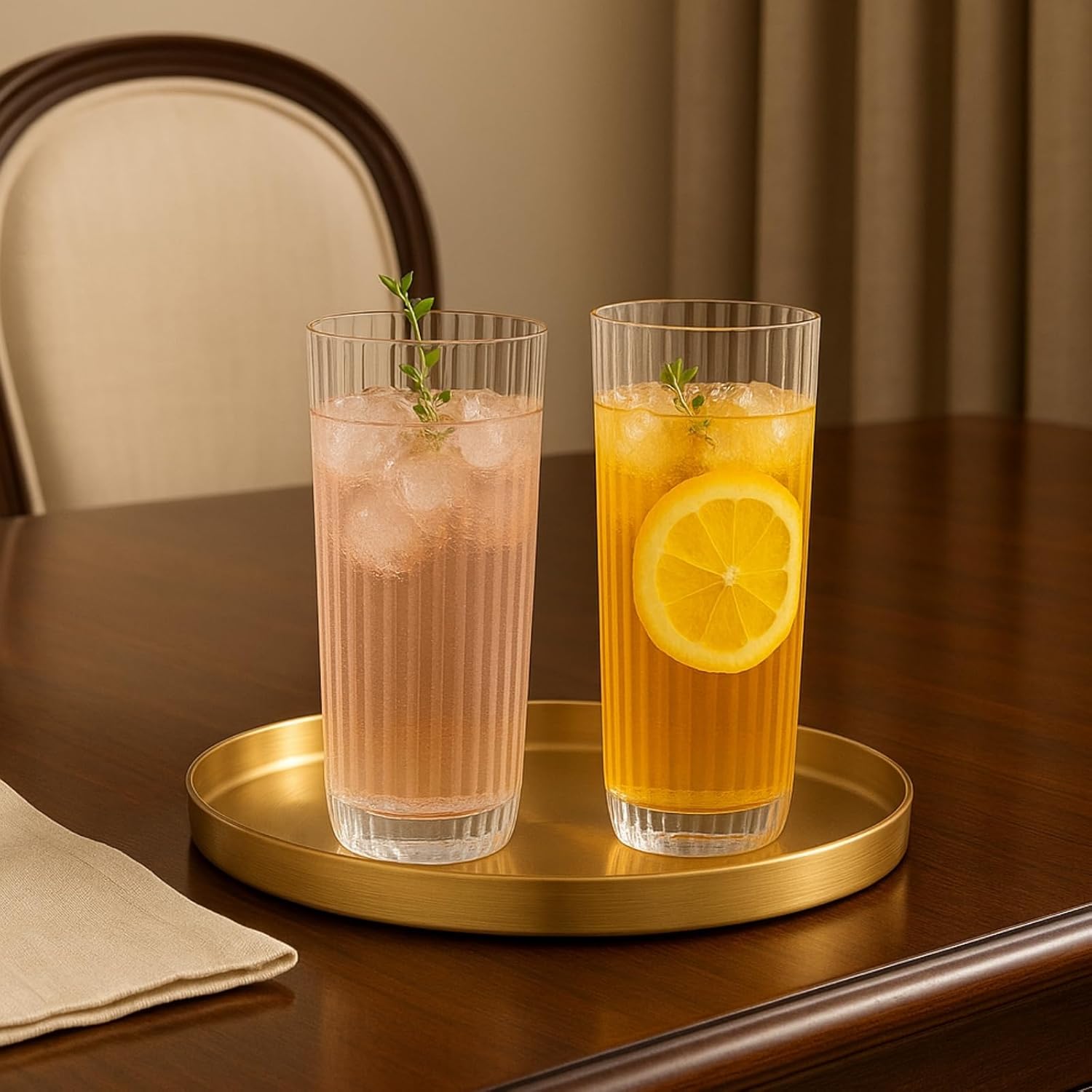 Khen Shatterproof Acrylic Ribbed Drinking Glasses Set, European Style, Dishwasher Safe, Tall | Set of 2 | Clear Tritan Drinkware, Unbreakable BPA - free Plastic, Reusable Stackable Glassware - 12OZ - Boske.store