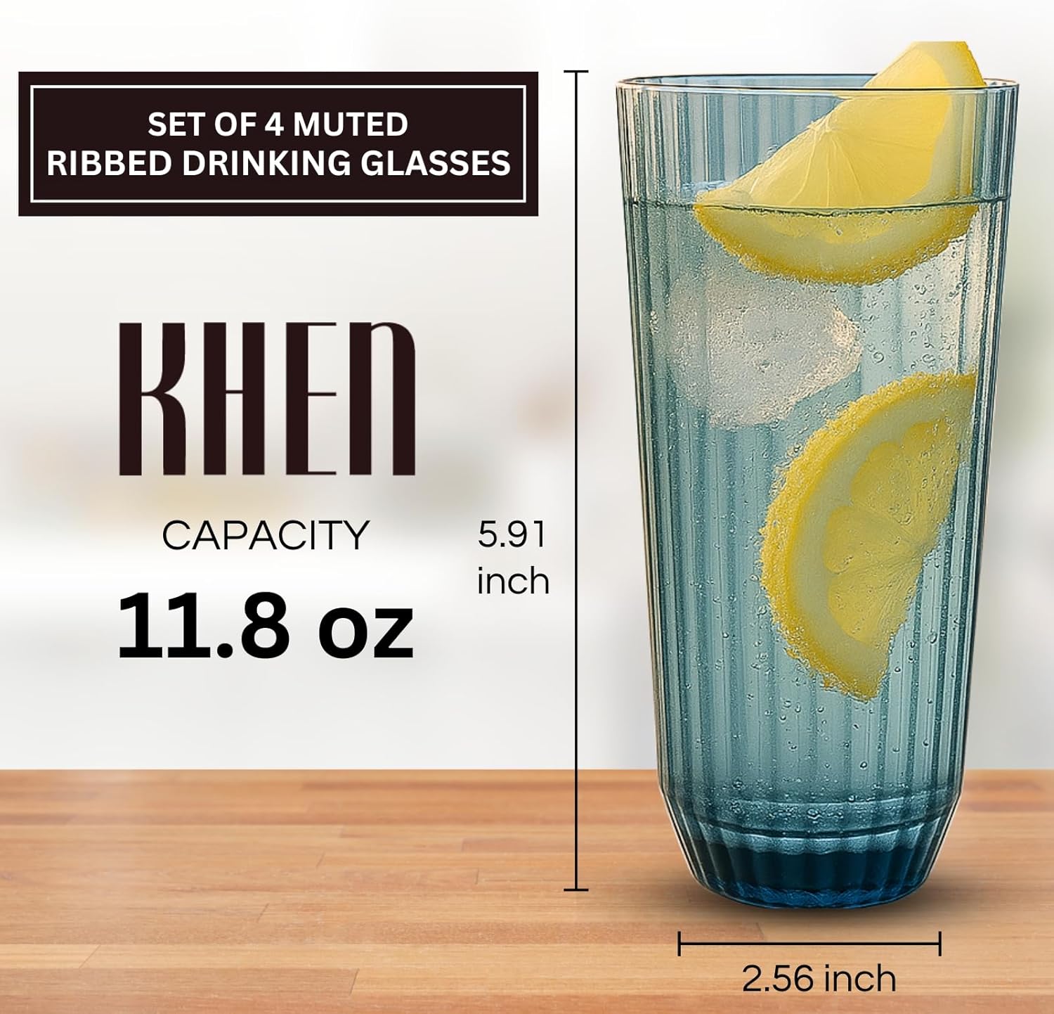 Khen Shatterproof Acrylic Ribbed Drinking Glasses Set, European Style, Dishwasher Safe, Tall | Set of 4 | Muted Tritan Drinkware, Unbreakable BPA - free Plastic, Reusable Stackable Glassware - 12OZ - Boske.store