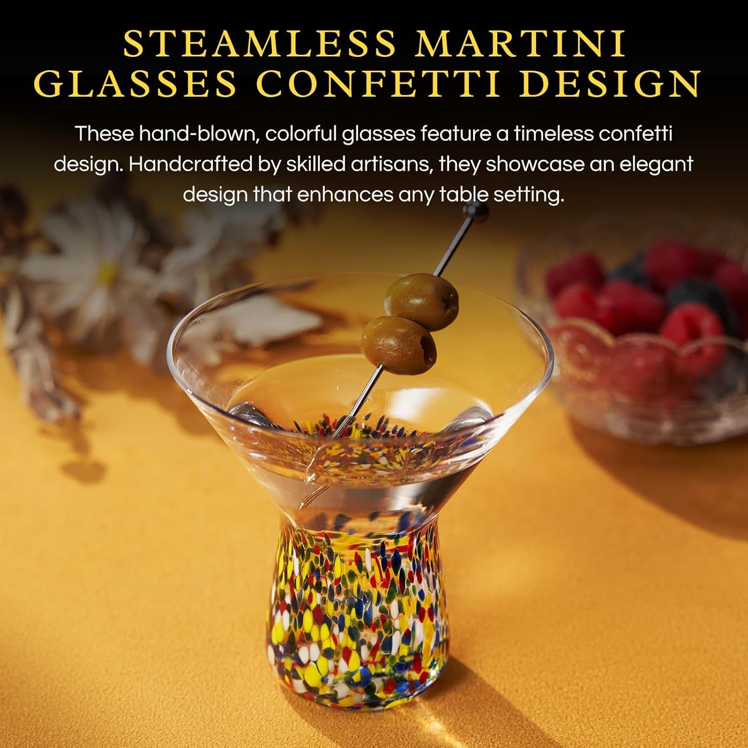 The Wine Savant Stemless Martini Glasses Hand Blown Mexican Confetti Design Colorful Glass Drinkware - Set of 2 Clear - Boske.store