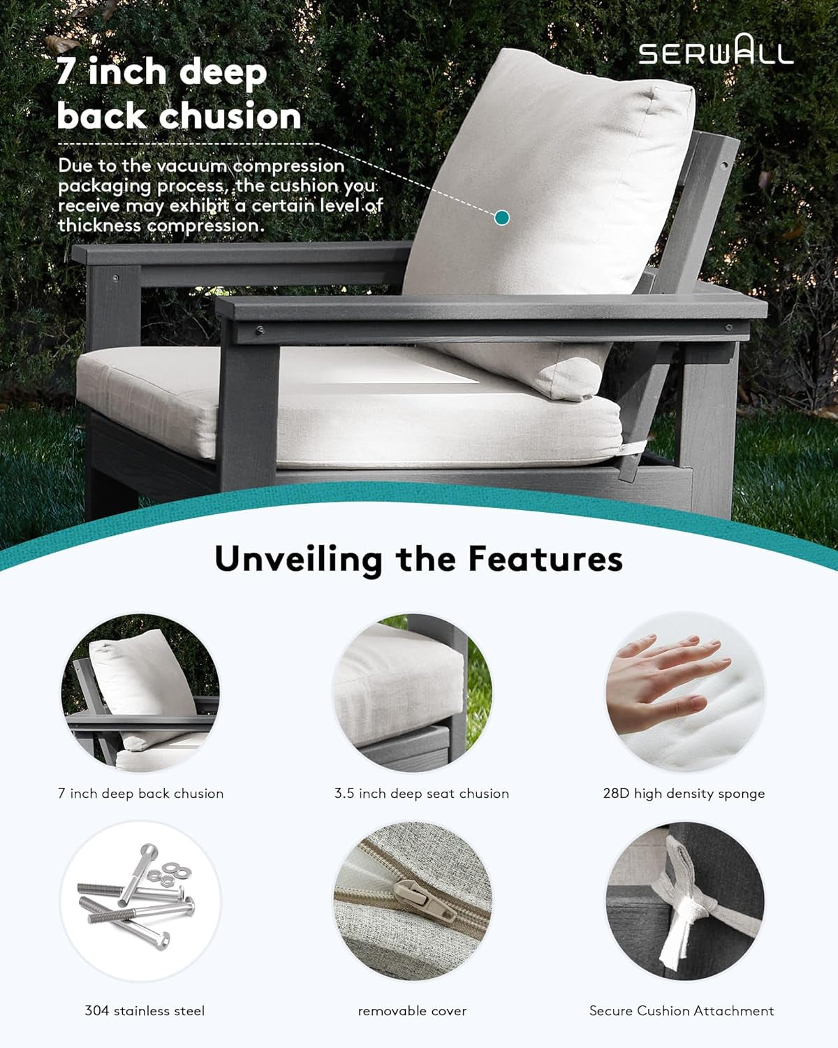 HDPE Outdoor Patio Set 7 Piece Grey Frame Khaki Cushions