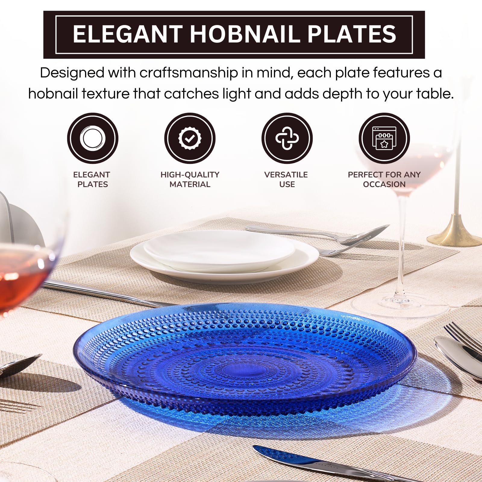 Glass Hobnail Dinner or Charger Plates | Set of 4 | Dark Blue - Boske.store