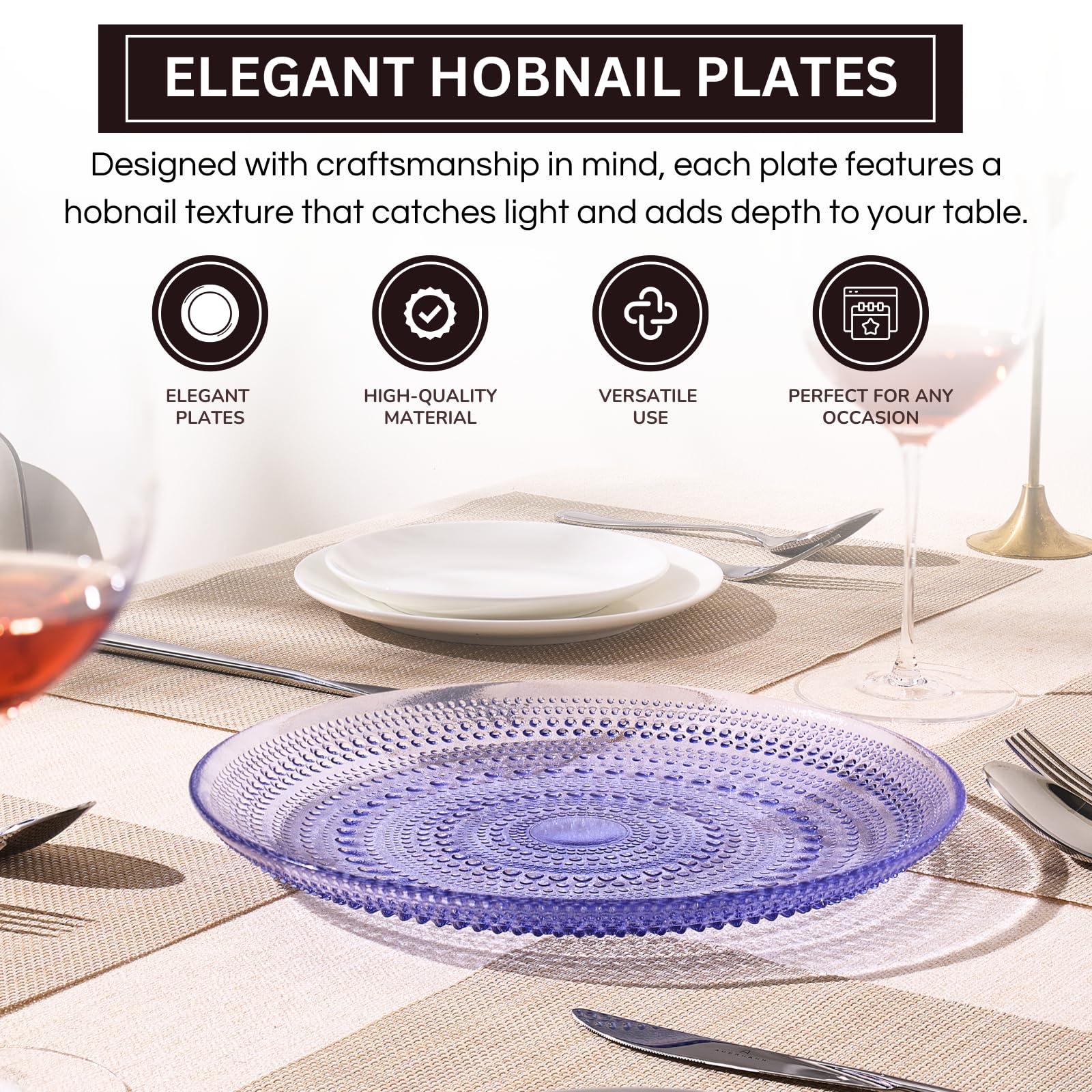 Glass Hobnail Dinner or Charger Plates | Set of 4 | Blue - Boske.store
