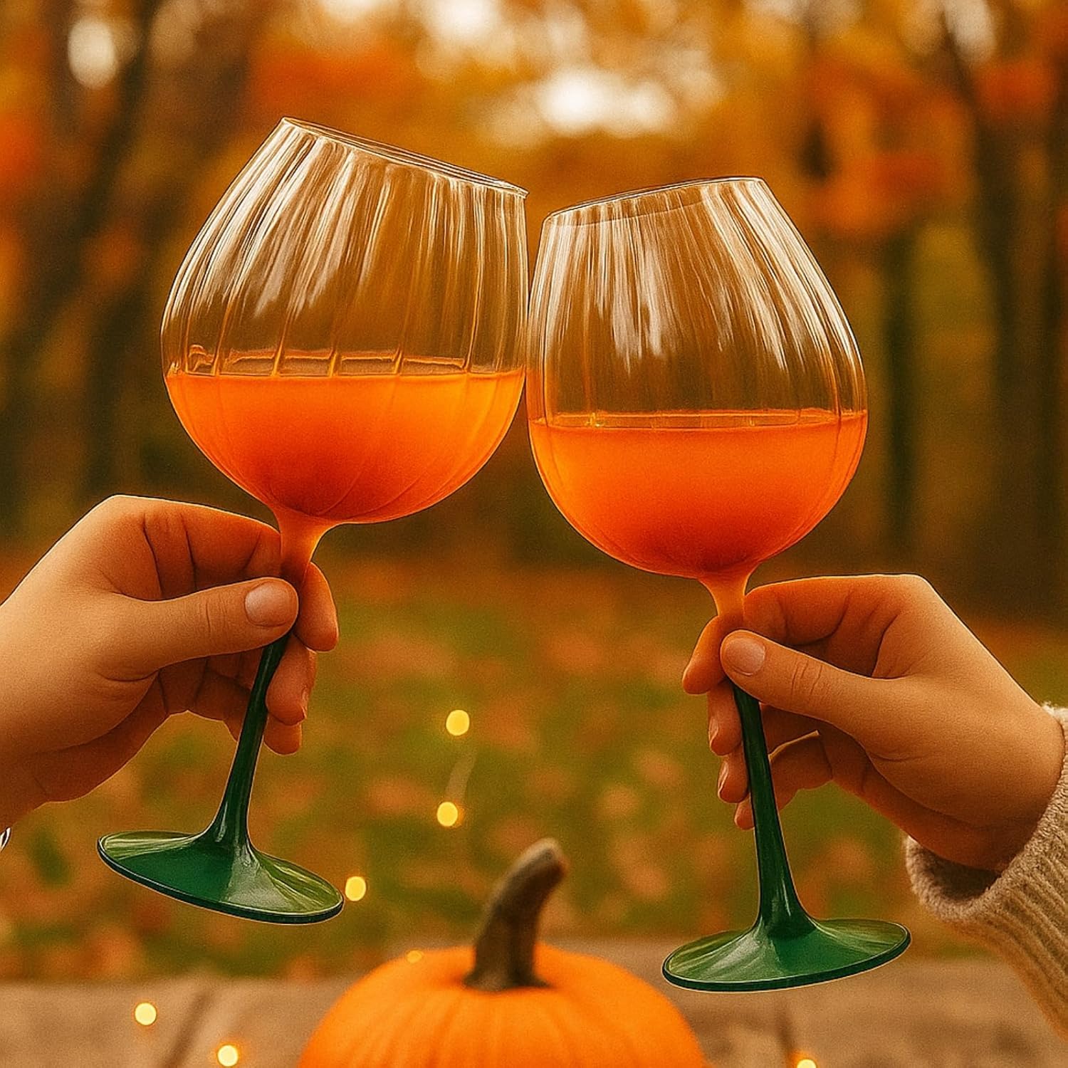 Khen Pumpkin Wine Glasses Fall Inspired Lightweight Borosilicate Decorative Drinkware Stemware - Set of 2 Orange & Green - Boske.store