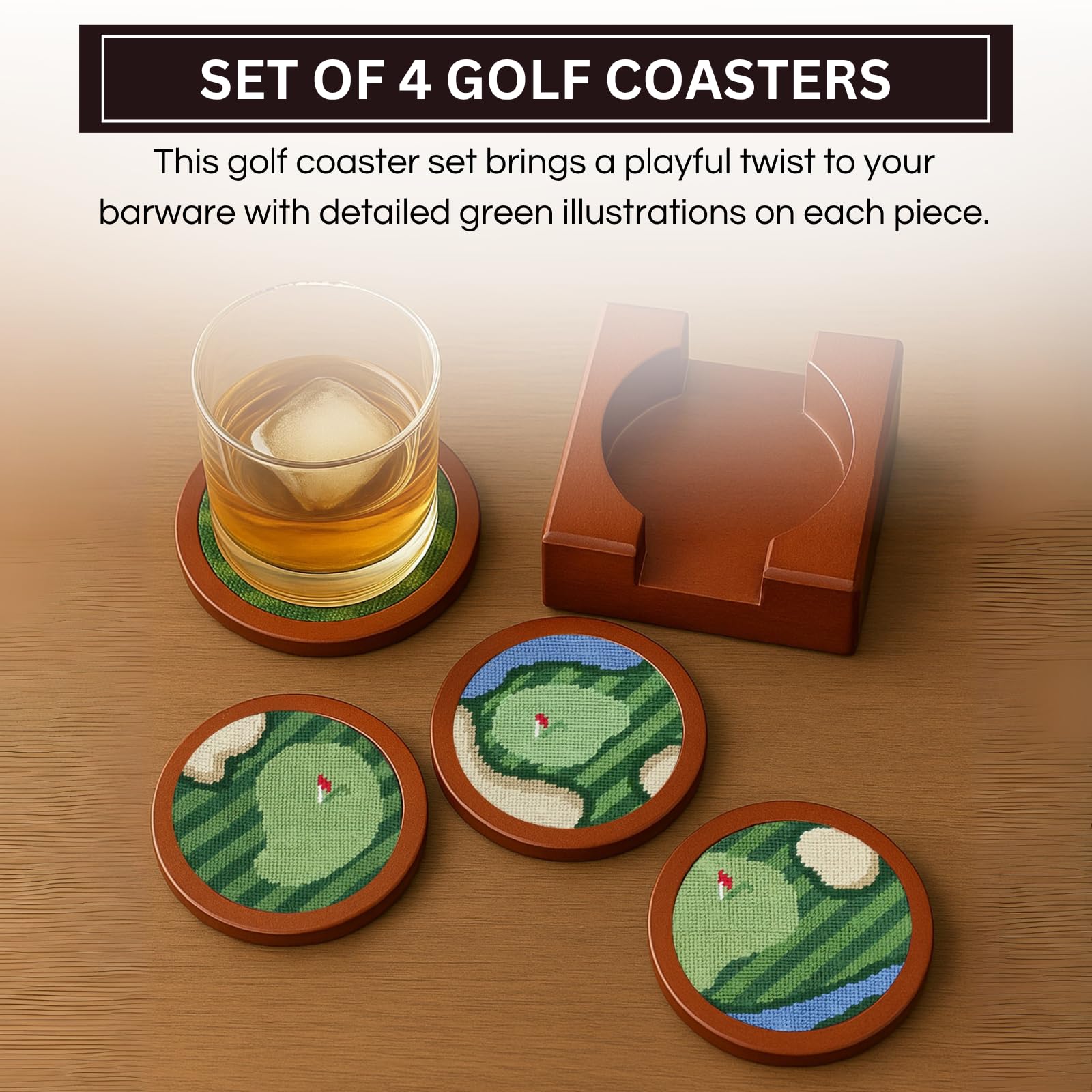 Golf Coasters, Durable Wooden Drink Coasters with Holder - Boske.store