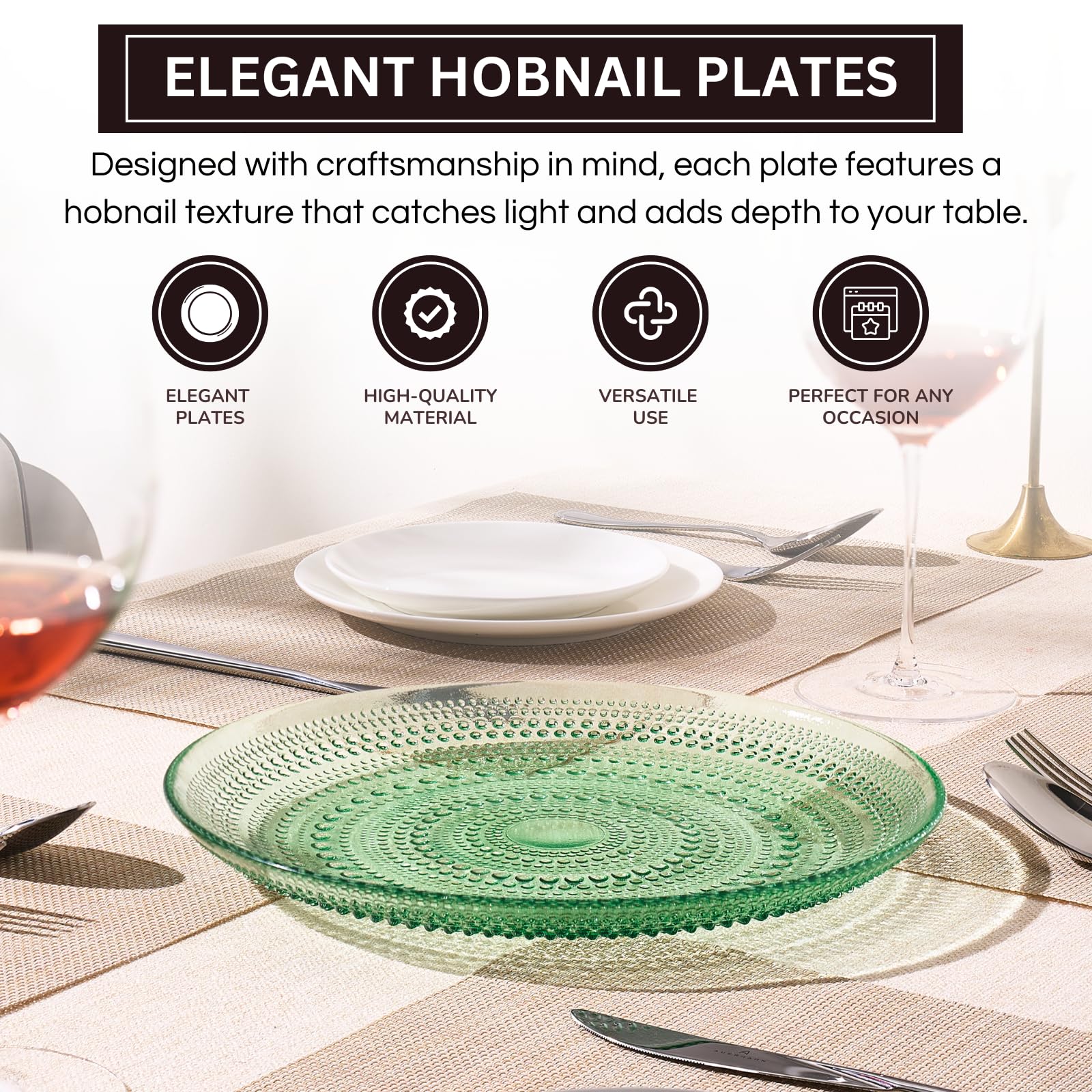 Glass Hobnail Dinner or Charger Plates | Set of 4 | Green - Boske.store