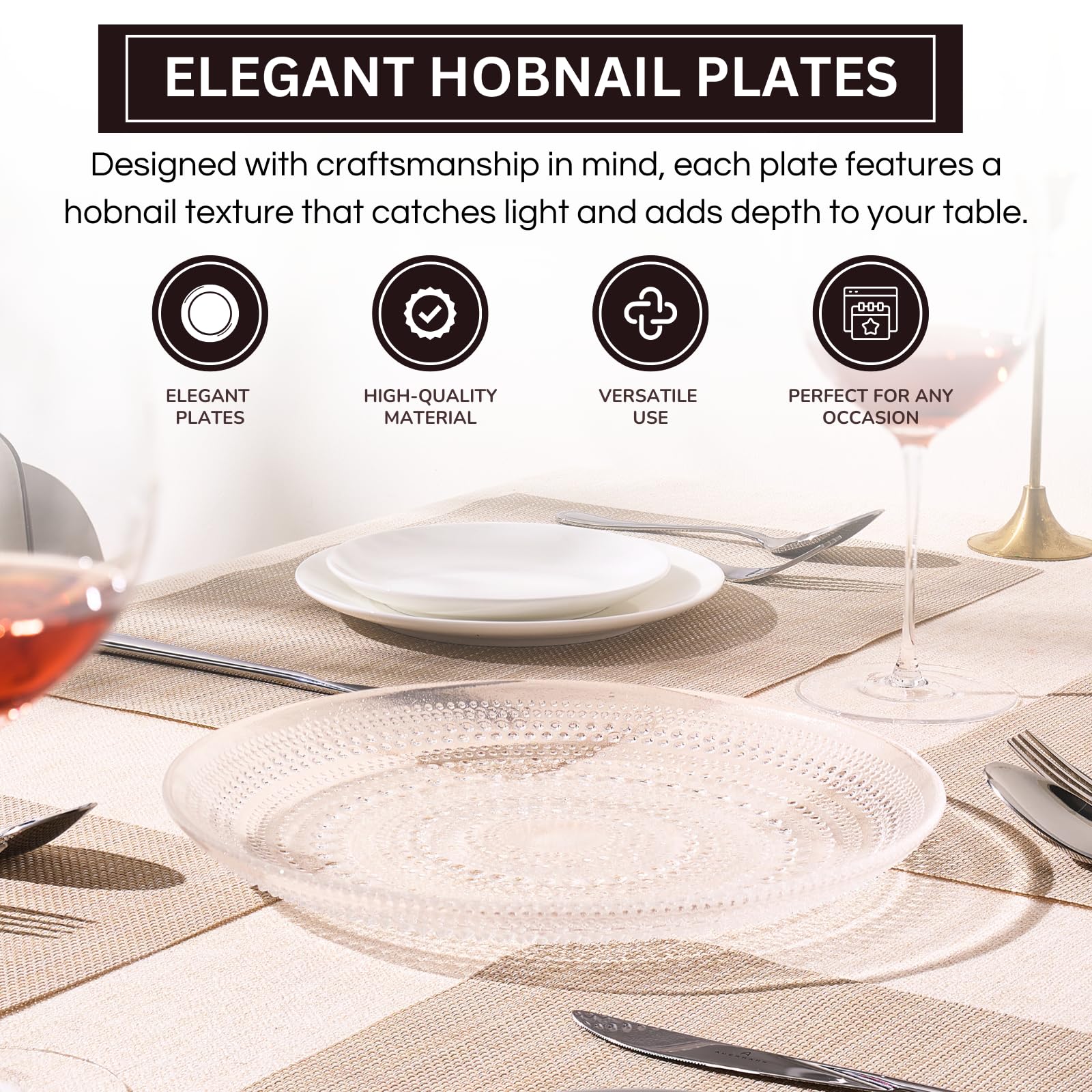 Glass Hobnail Dinner or Charger Plates | Set of 4 | Clear - Boske.store