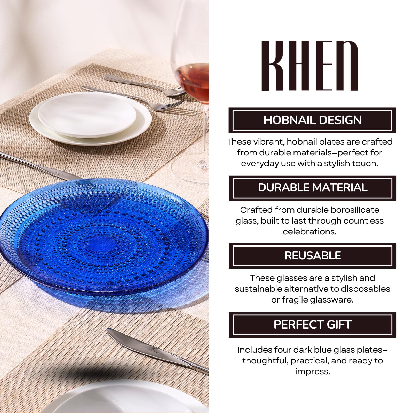 Glass Hobnail Dinner or Charger Plates | Set of 4 | Dark Blue - Boske.store