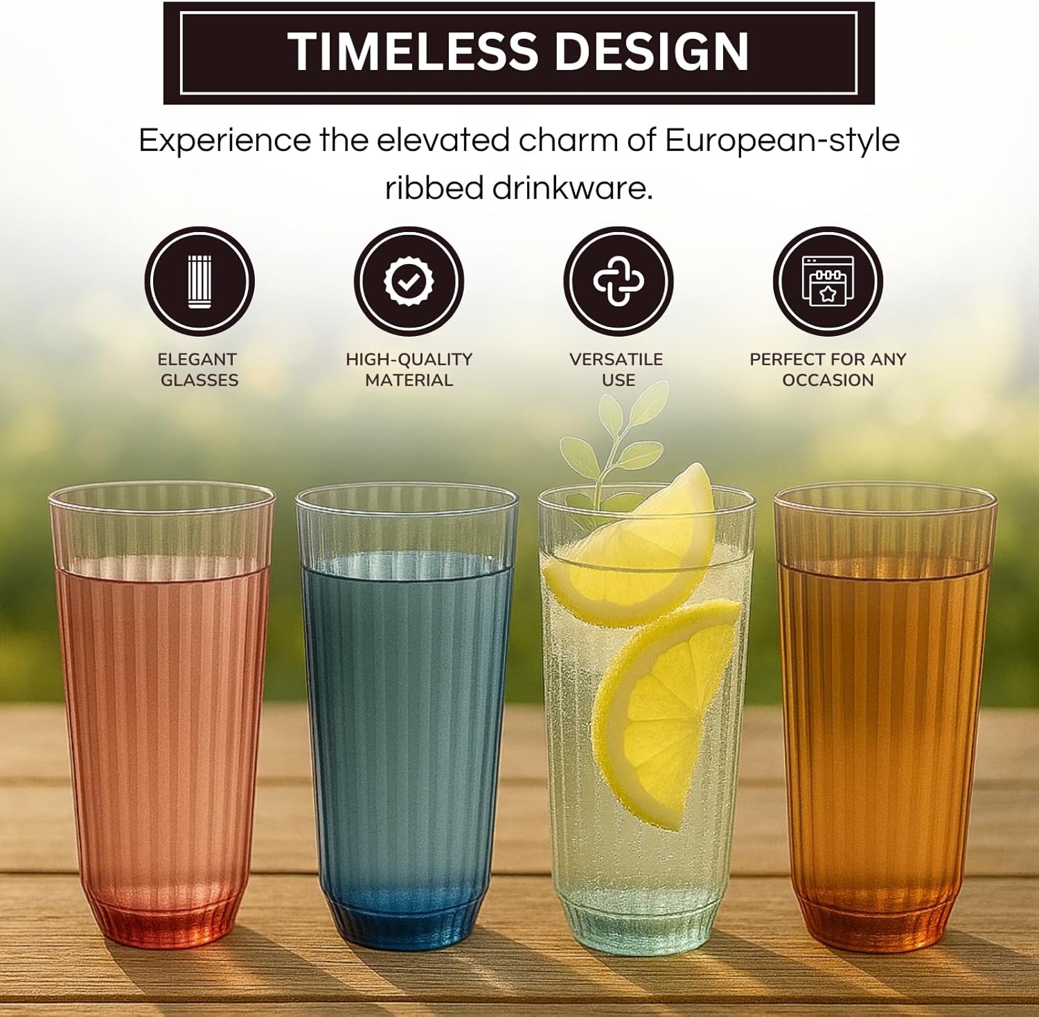 Khen Shatterproof Acrylic Ribbed Drinking Glasses Set, European Style, Dishwasher Safe, Tall | Set of 4 | Muted Tritan Drinkware, Unbreakable BPA - free Plastic, Reusable Stackable Glassware - 12OZ - Boske.store