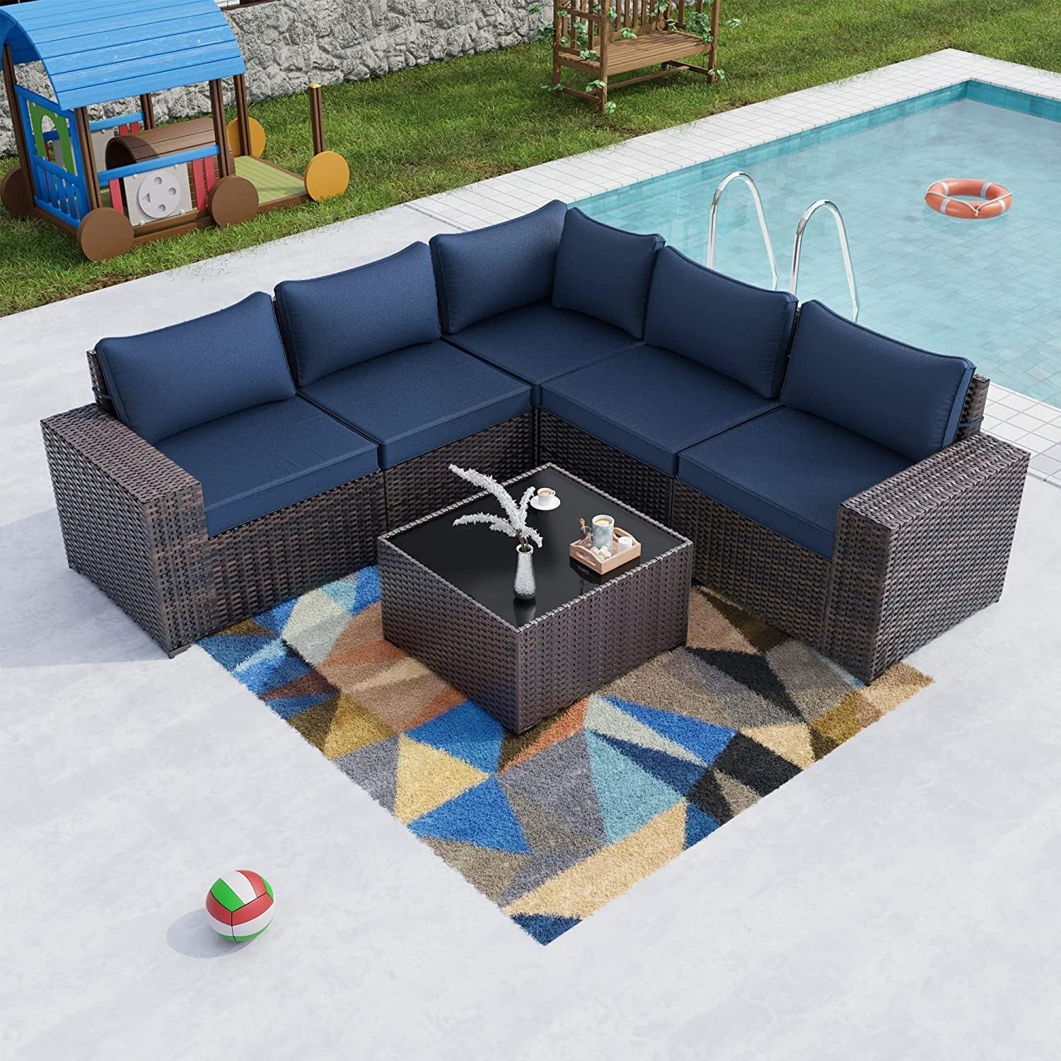 Navy Blue 6 Piece Outdoor Patio Sectional Sofa Set With PE Rattan