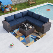 Navy Blue 6 Piece Outdoor Patio Sectional Sofa Set With PE Rattan