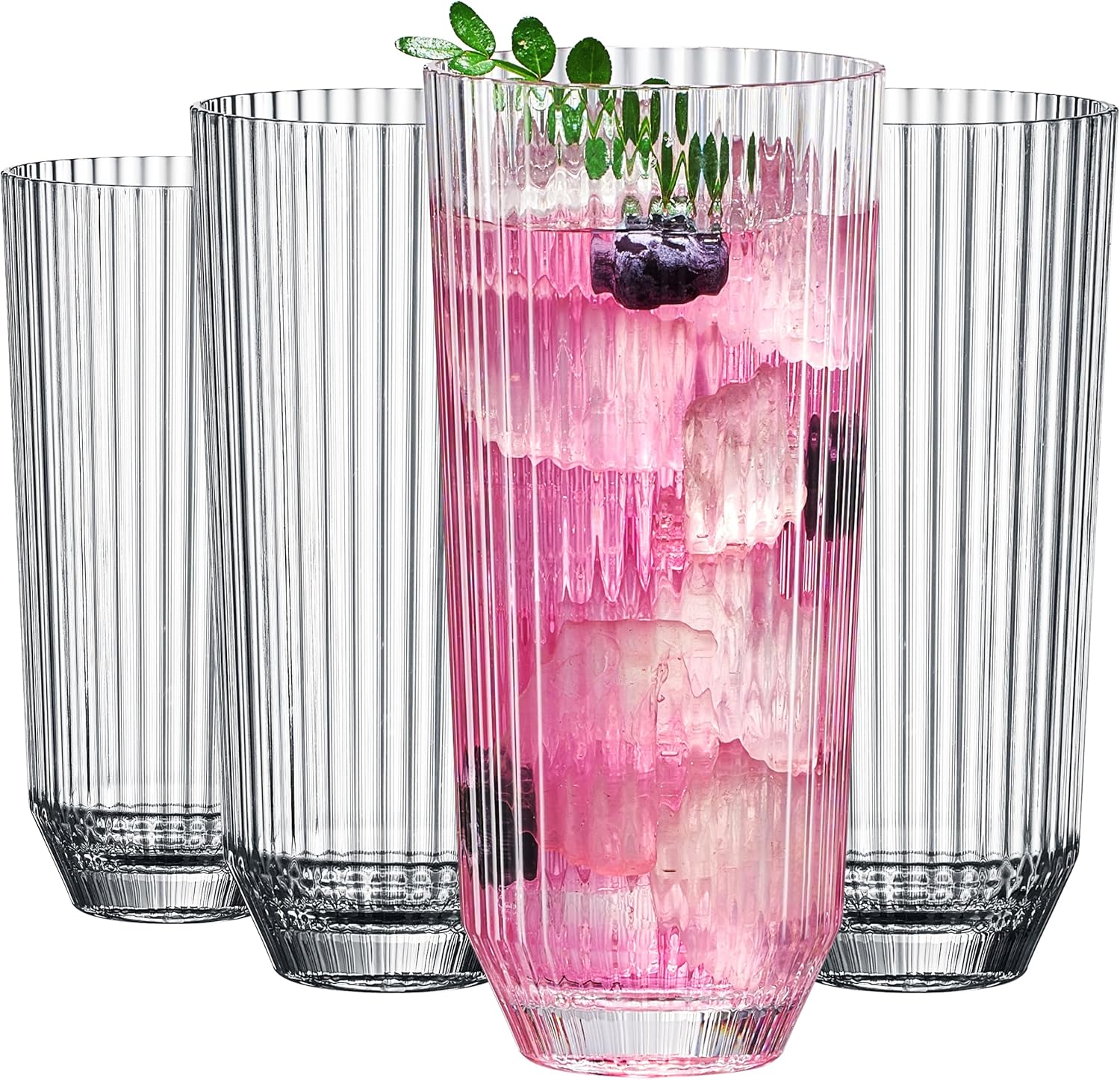 Khen Shatterproof Ribbed Drinking Glasses – Set of 4 Clear 12oz Tritan Tumblers, European Style Acrylic Drinkware – Durable, BPA - Free, Dishwasher Safe, Stackable & Unbreakable Plastic Cups - Boske.store