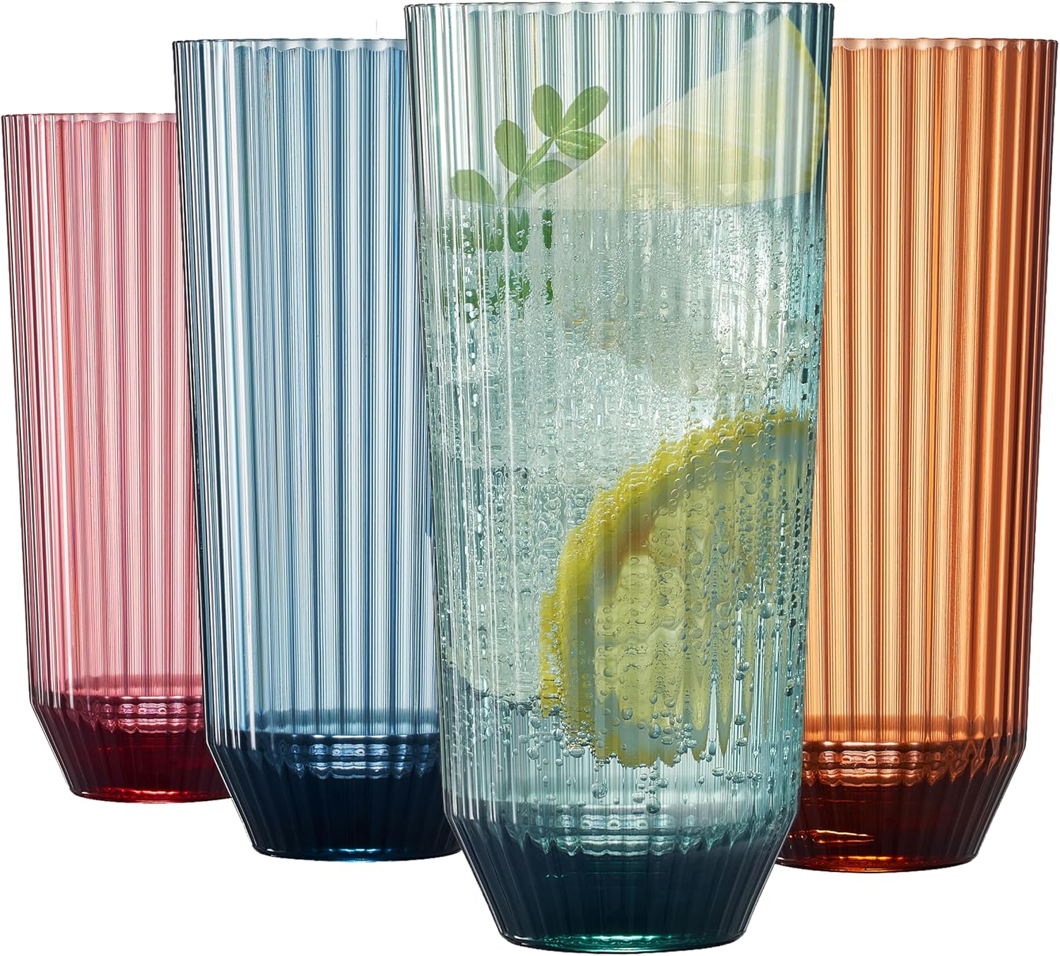 Khen Shatterproof Acrylic Ribbed Drinking Glasses Set, European Style, Dishwasher Safe, Tall | Set of 4 | Muted Tritan Drinkware, Unbreakable BPA - free Plastic, Reusable Stackable Glassware - 12OZ - Boske.store