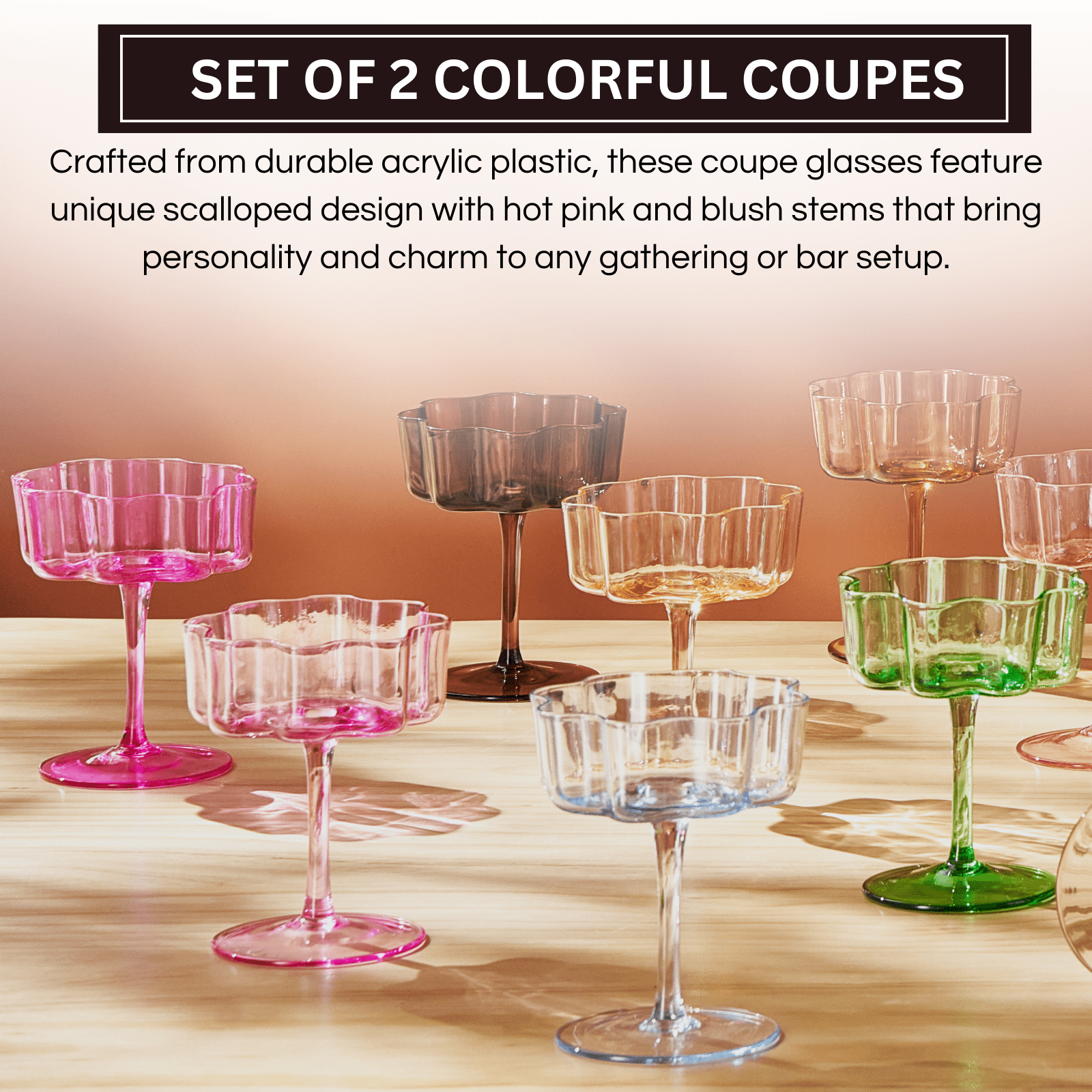 Flower Wave Coupe Cocktail Colored Glasses | Set of 2 | Hot Pink & Blush - Boske.store
