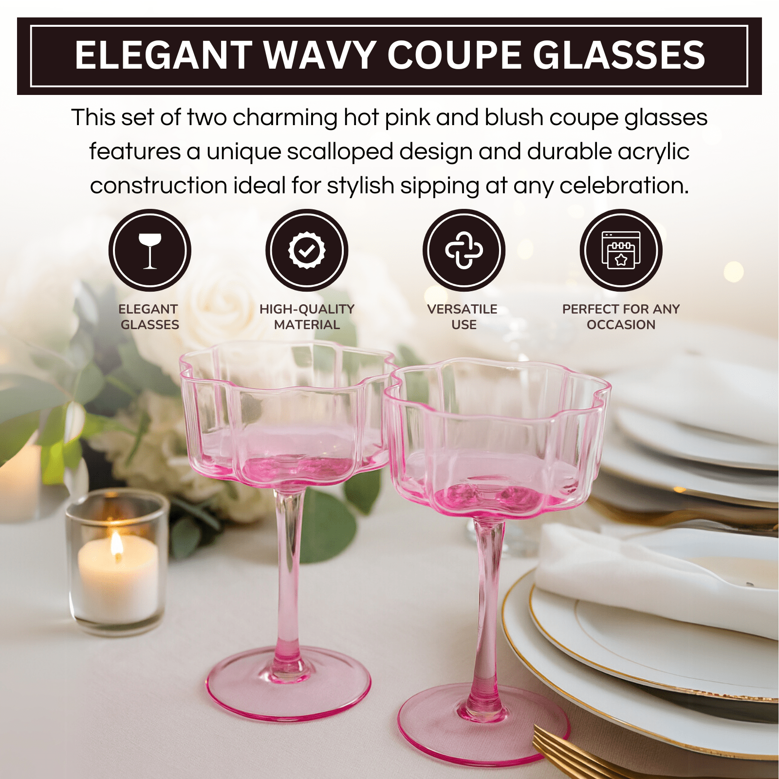 Flower Wave Coupe Cocktail Colored Glasses | Set of 2 | Hot Pink & Blush - Boske.store