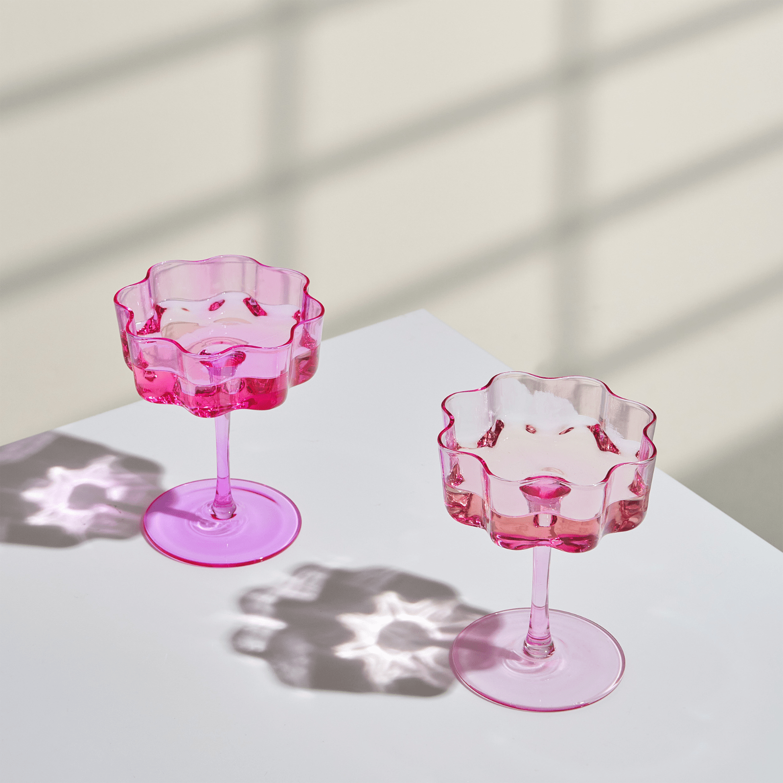 Flower Wave Coupe Cocktail Colored Glasses | Set of 2 | Hot Pink & Blush - Boske.store