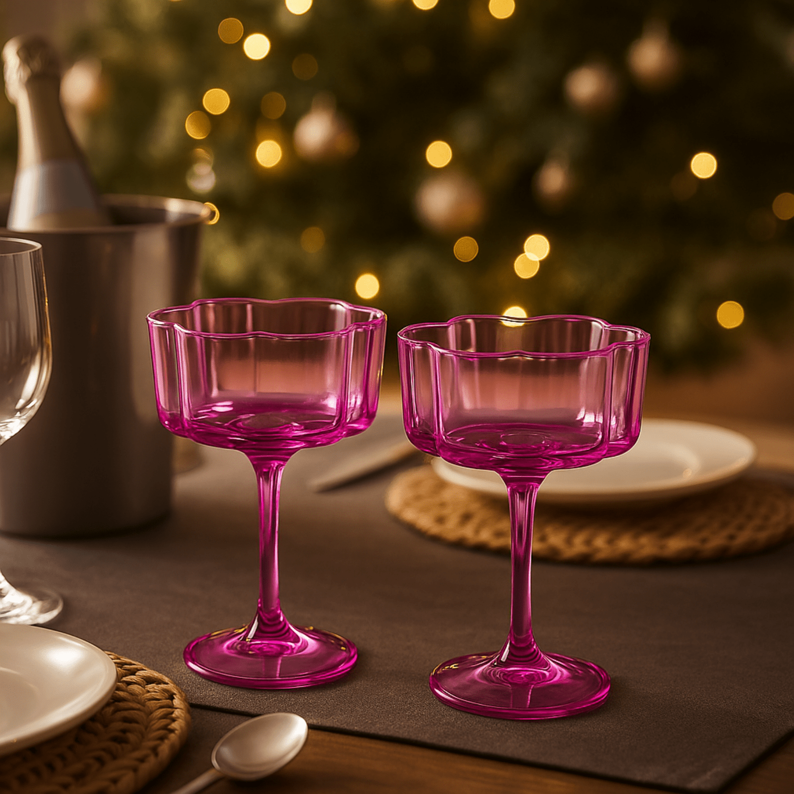 Flower Wave Coupe Cocktail Colored Glasses | Set of 2 | Hot Pink & Blush - Boske.store