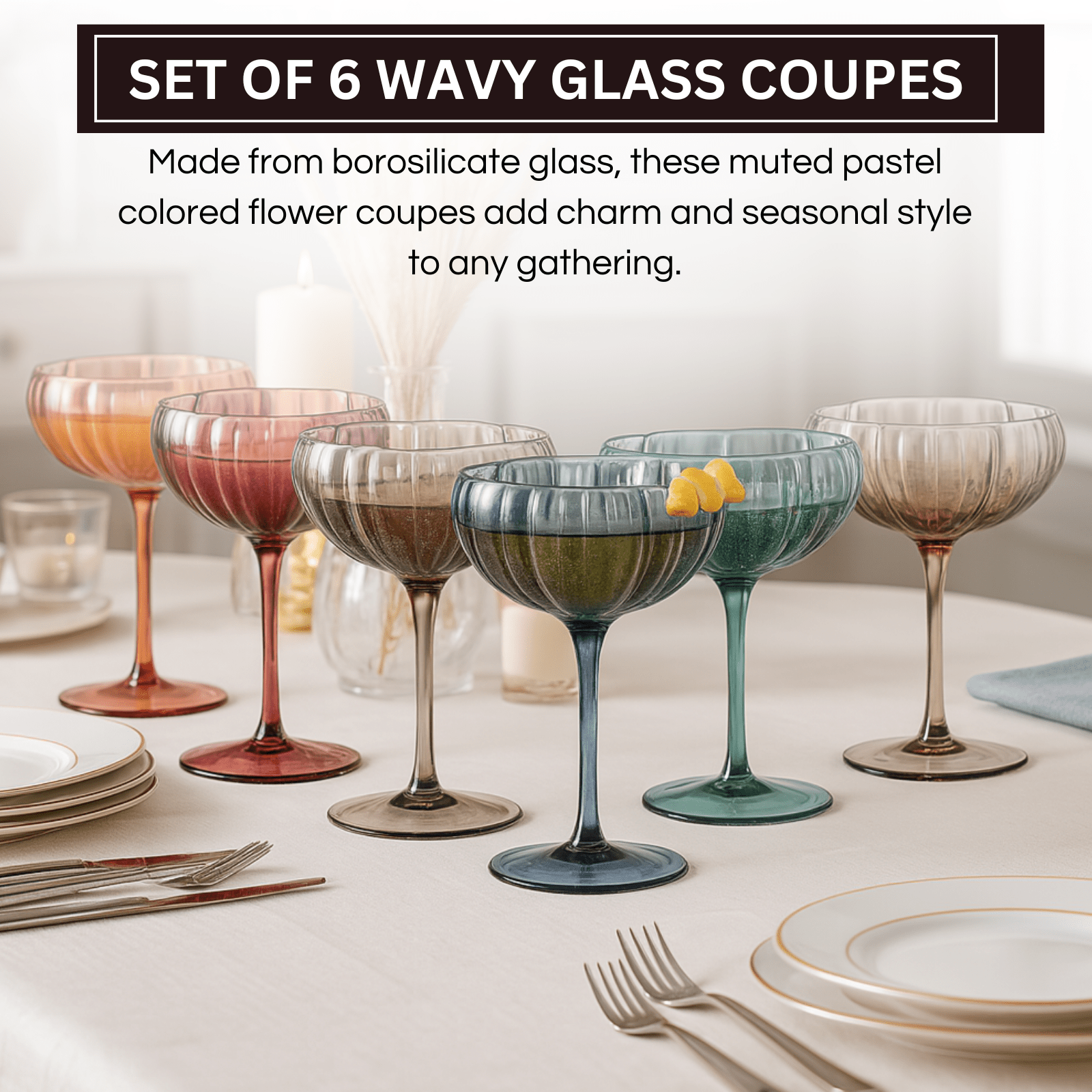 Flower Coupe Cocktail Colored Glasses | Set of 6 | Muted - Boske.store