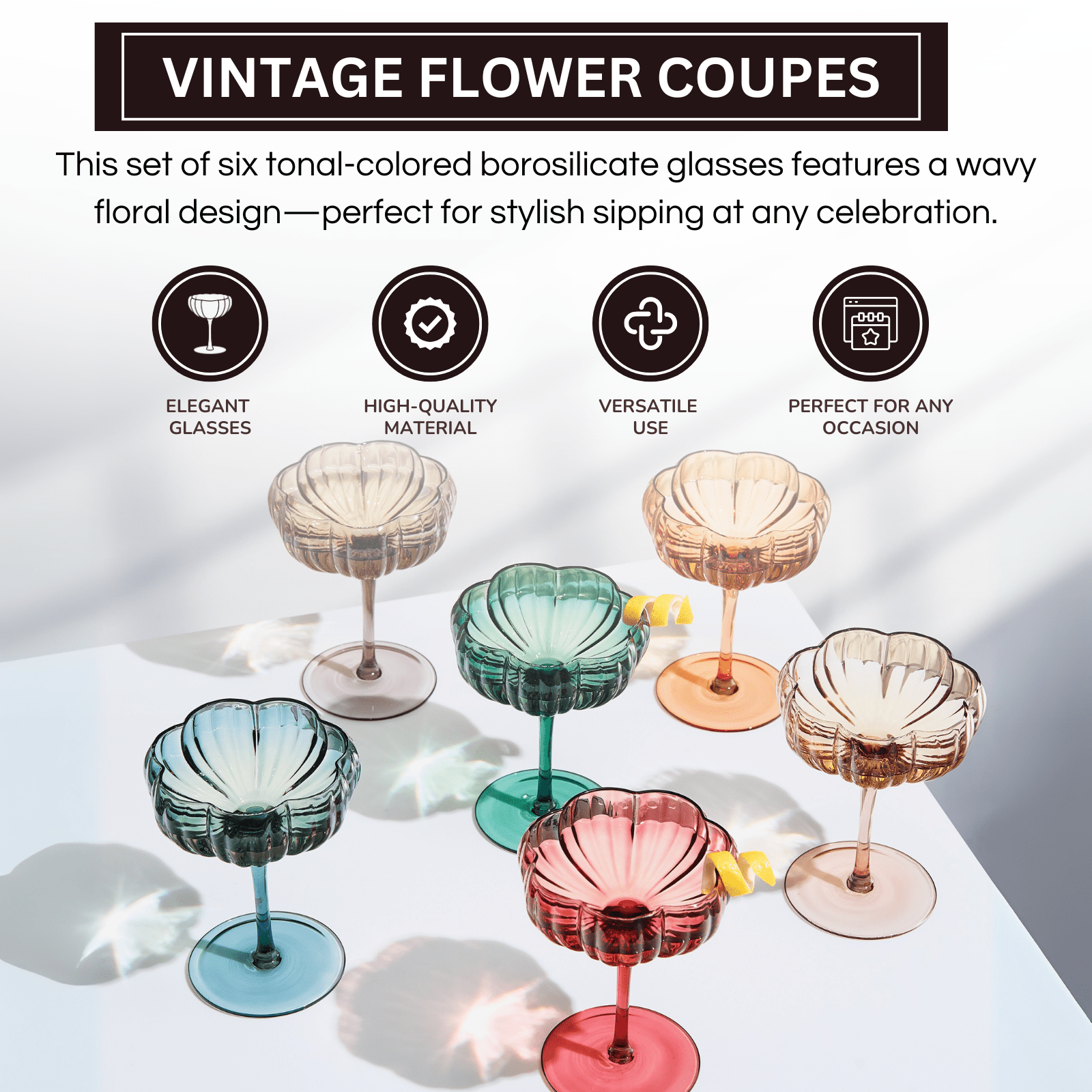 Flower Coupe Cocktail Colored Glasses | Set of 6 | Muted - Boske.store