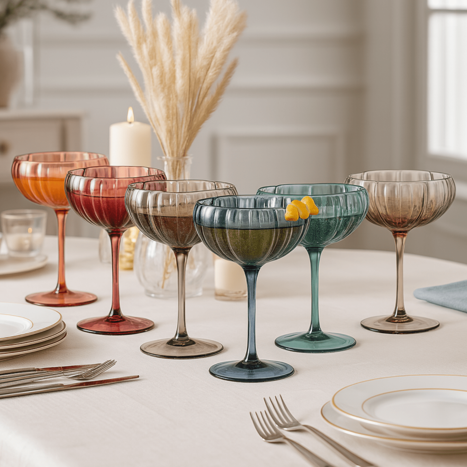 Flower Coupe Cocktail Colored Glasses | Set of 6 | Muted - Boske.store