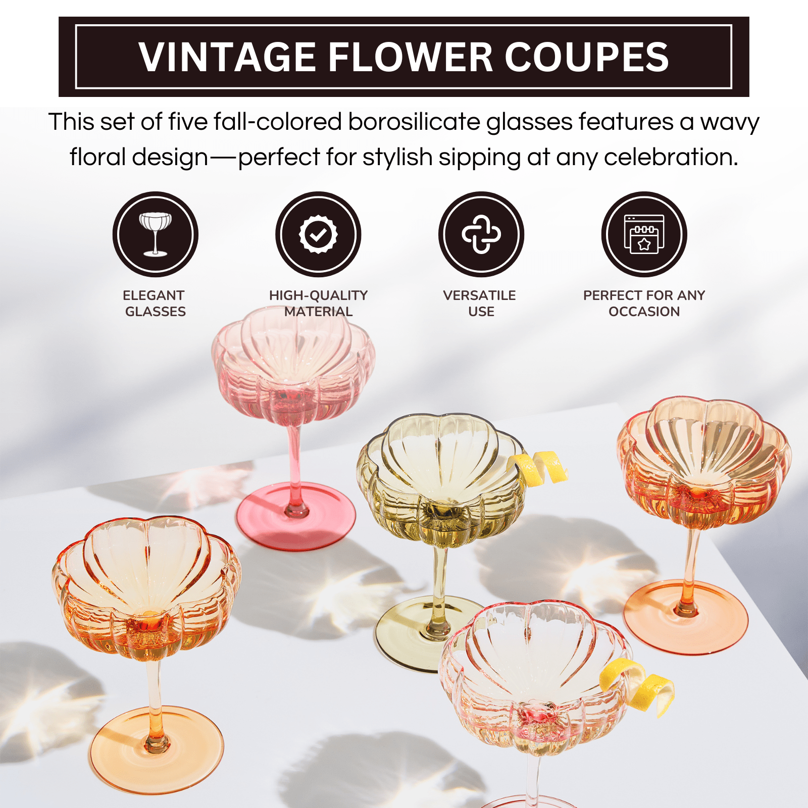 Flower Coupe Cocktail Glasses | Set of 4 | Bright Colors - Boske.store