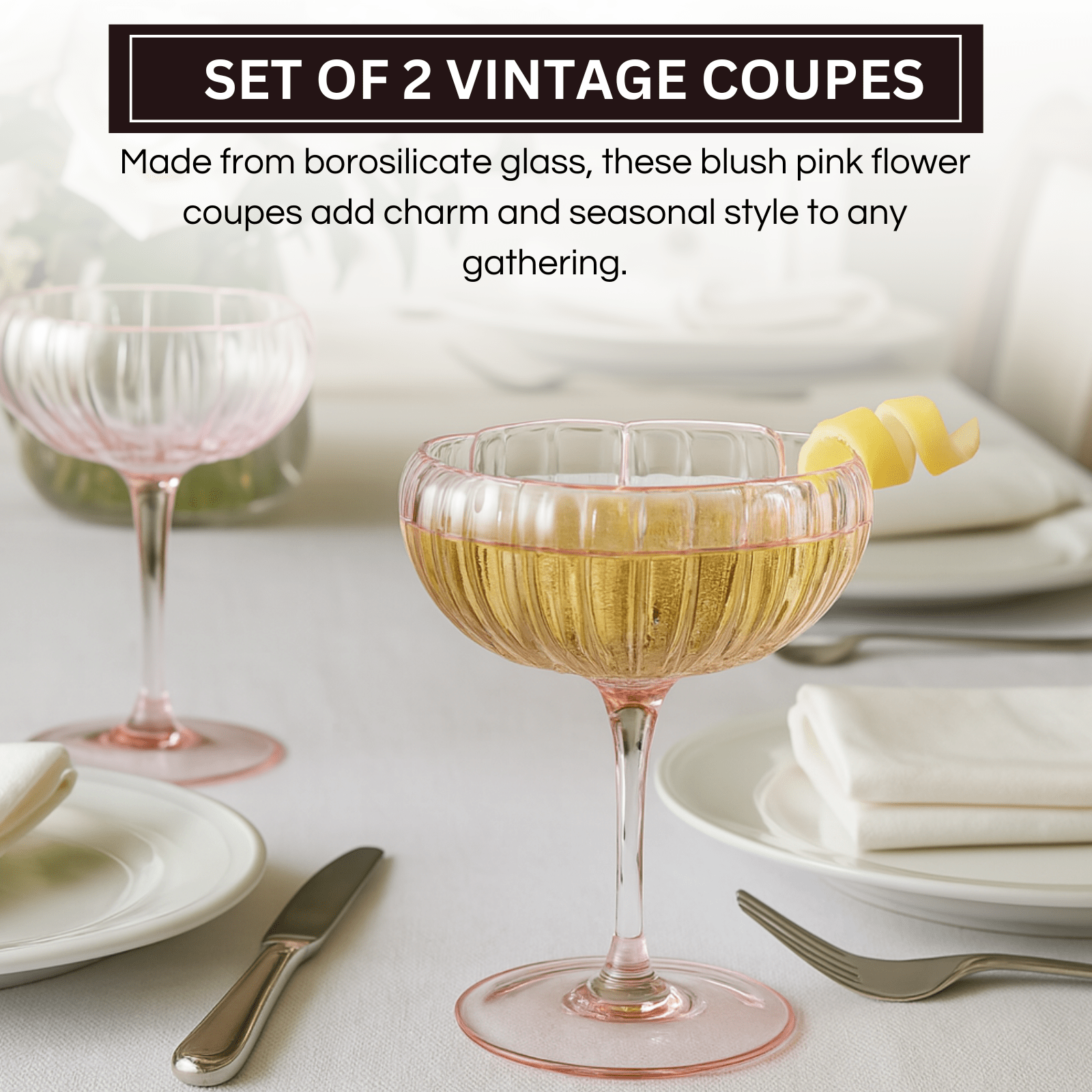 Flower Coupe Cocktail Colored Glasses | Set of 2 | Blush Pink - Boske.store