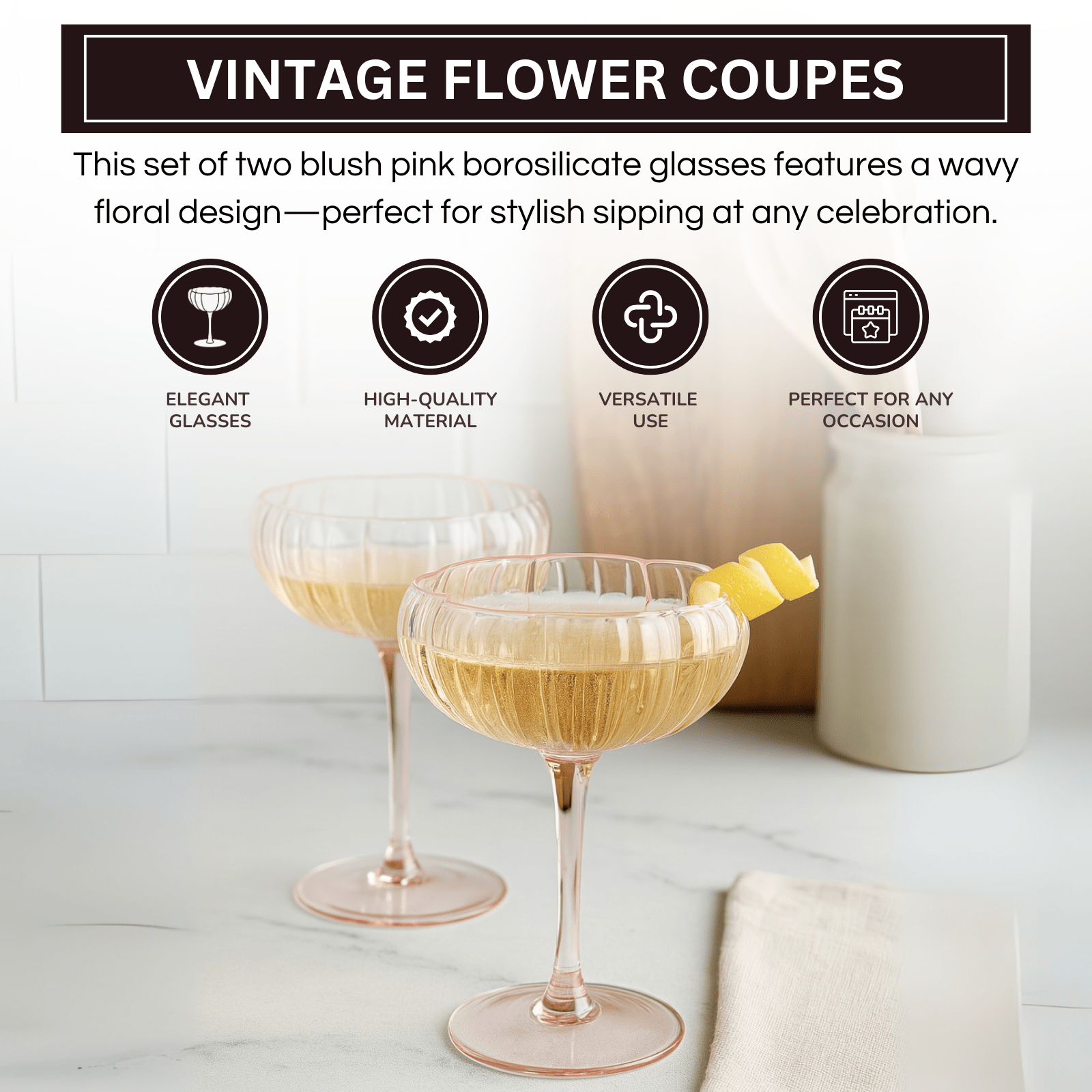 Flower Coupe Cocktail Colored Glasses | Set of 2 | Blush Pink - Boske.store