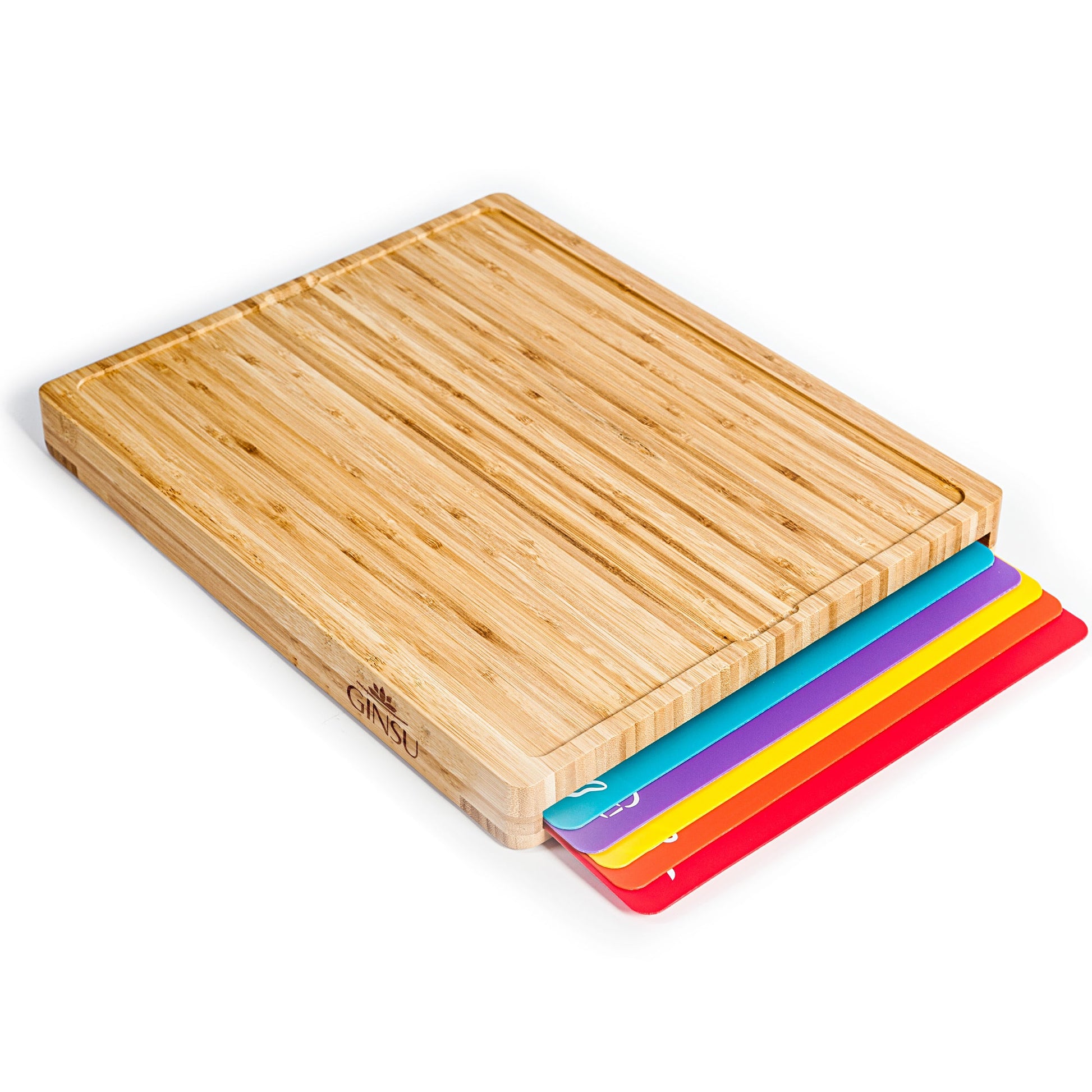 Ginsu Bamboo Wood Cutting Board Set with 6 Color - Coded Mats and Food Icons for Easy Meal Prep and Cleanup - Boske.store